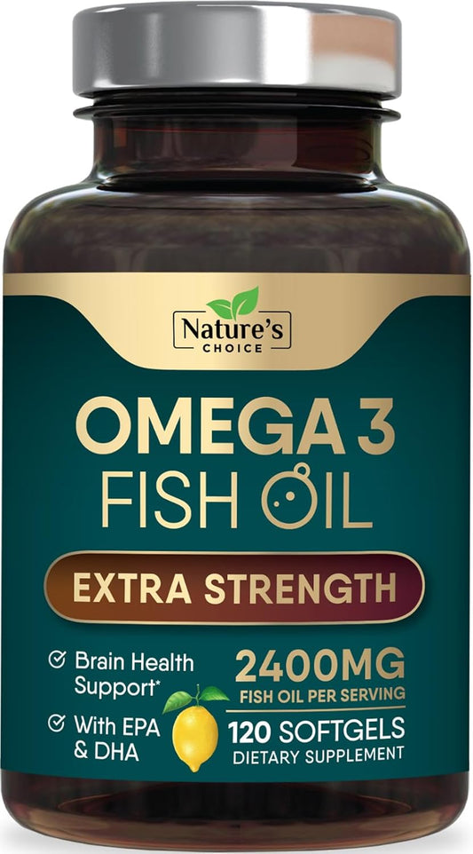 Triple Strength Omega 3 Fish Oil 2400 mg Supplement for Brain & Heart Health - EPA & DHA Fatty Acids - 120 Softgels