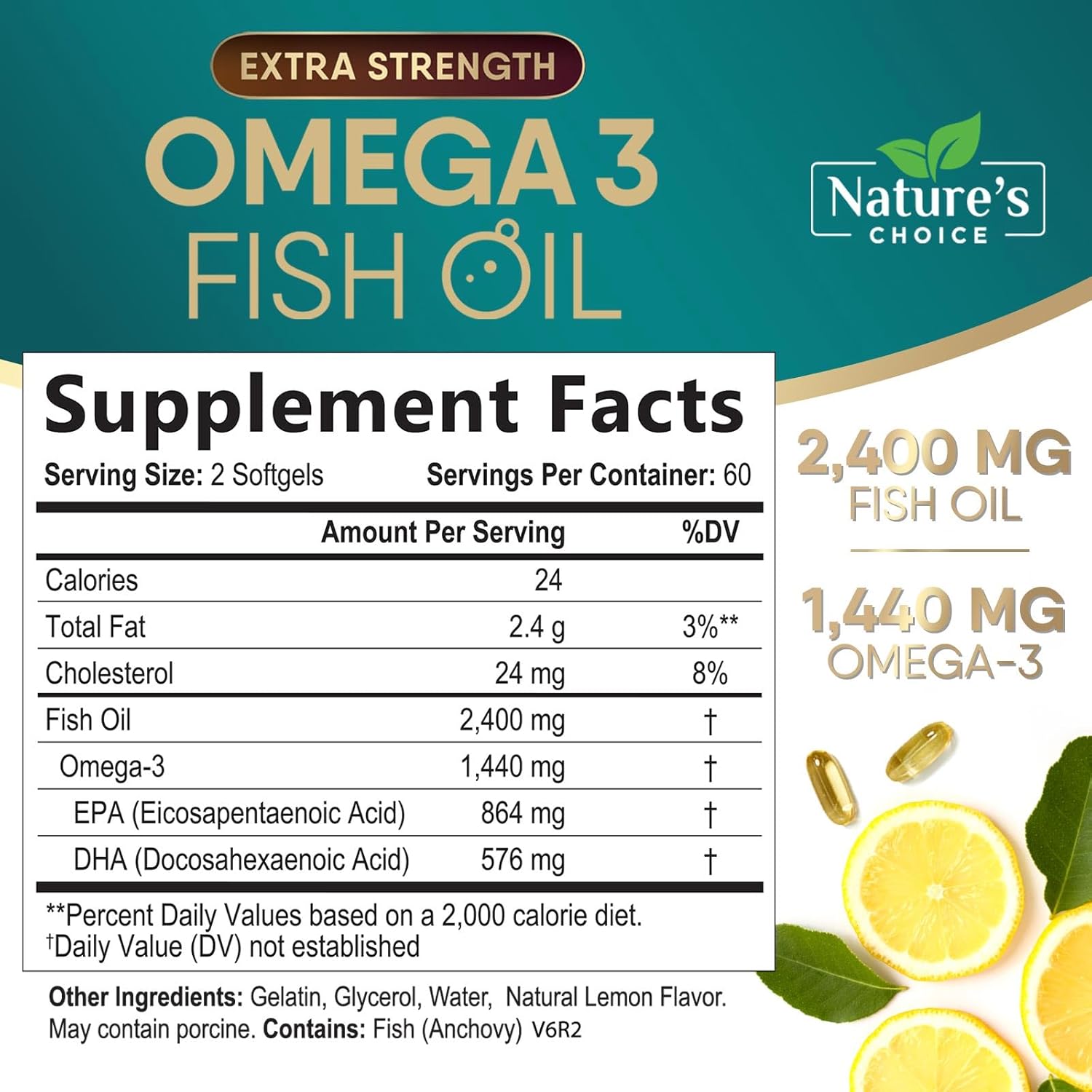 Triple Strength Omega 3 Fish Oil 2400 mg Supplement for Brain & Heart Health - EPA & DHA Fatty Acids - 120 Softgels