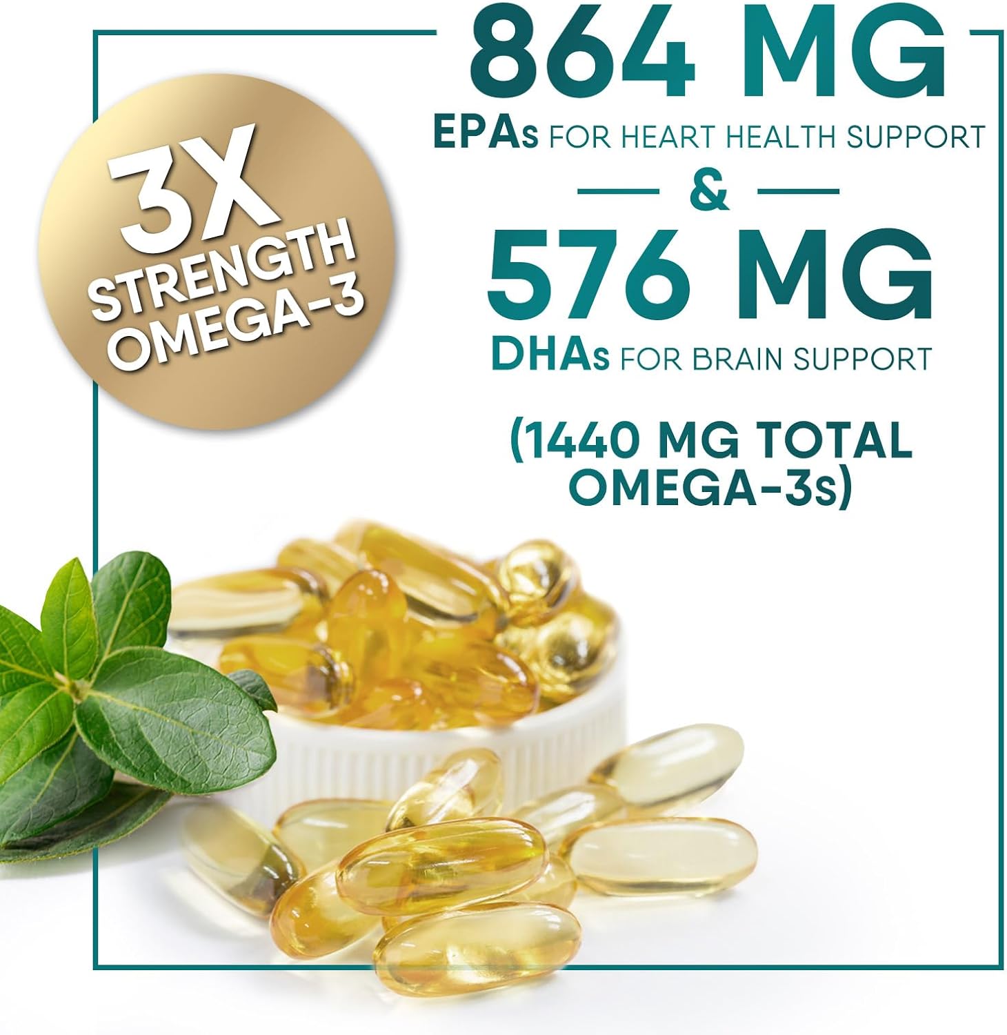 Triple Strength Omega 3 Fish Oil 2400 mg Supplement for Brain & Heart Health - EPA & DHA Fatty Acids - 120 Softgels