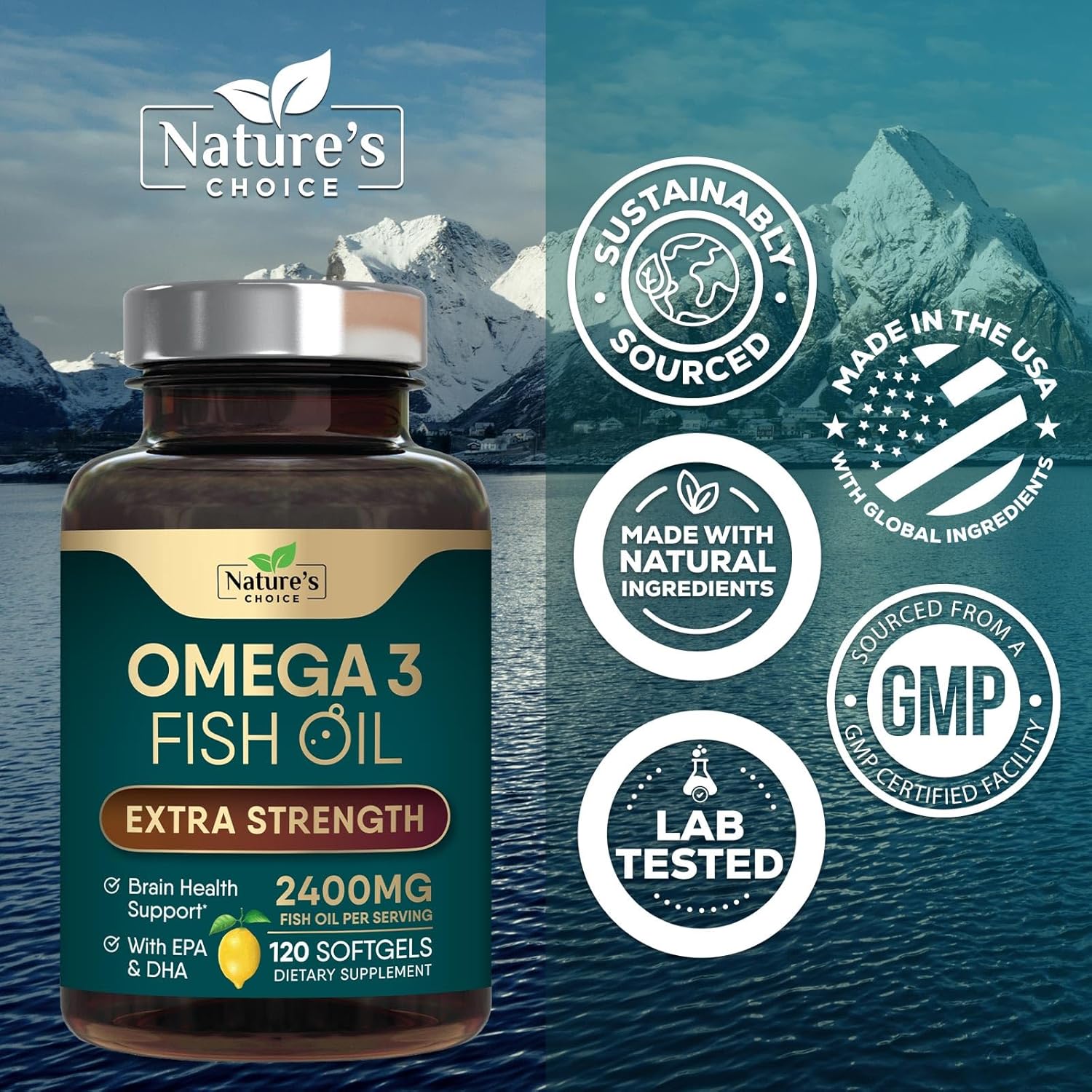 Triple Strength Omega 3 Fish Oil 2400 mg Supplement for Brain & Heart Health - EPA & DHA Fatty Acids - 120 Softgels