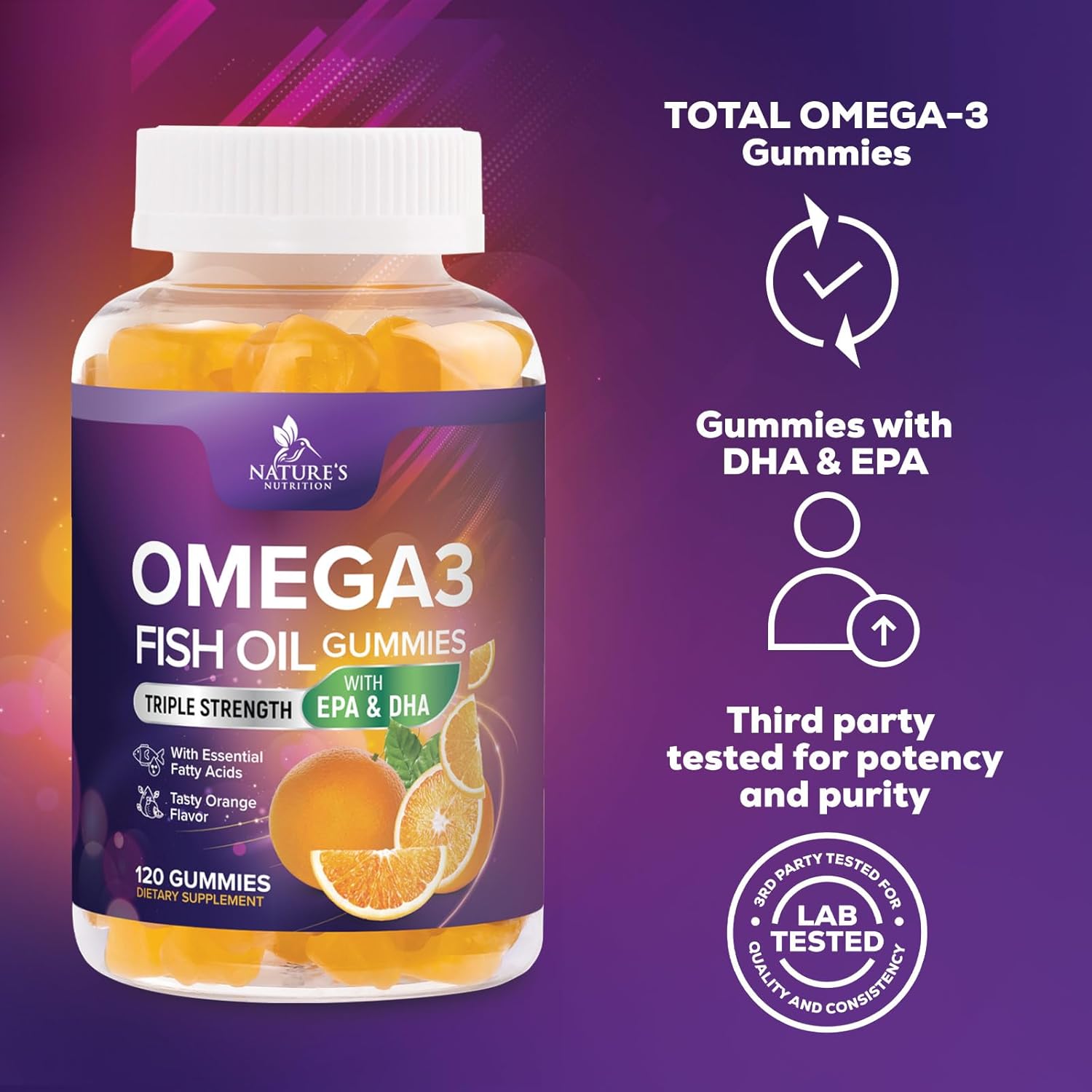 Triple Strength Omega-3 Fish Oil Gummies with High Absorption EPA and DHA - Joint, Heart, Brain Support - 120 Gummies