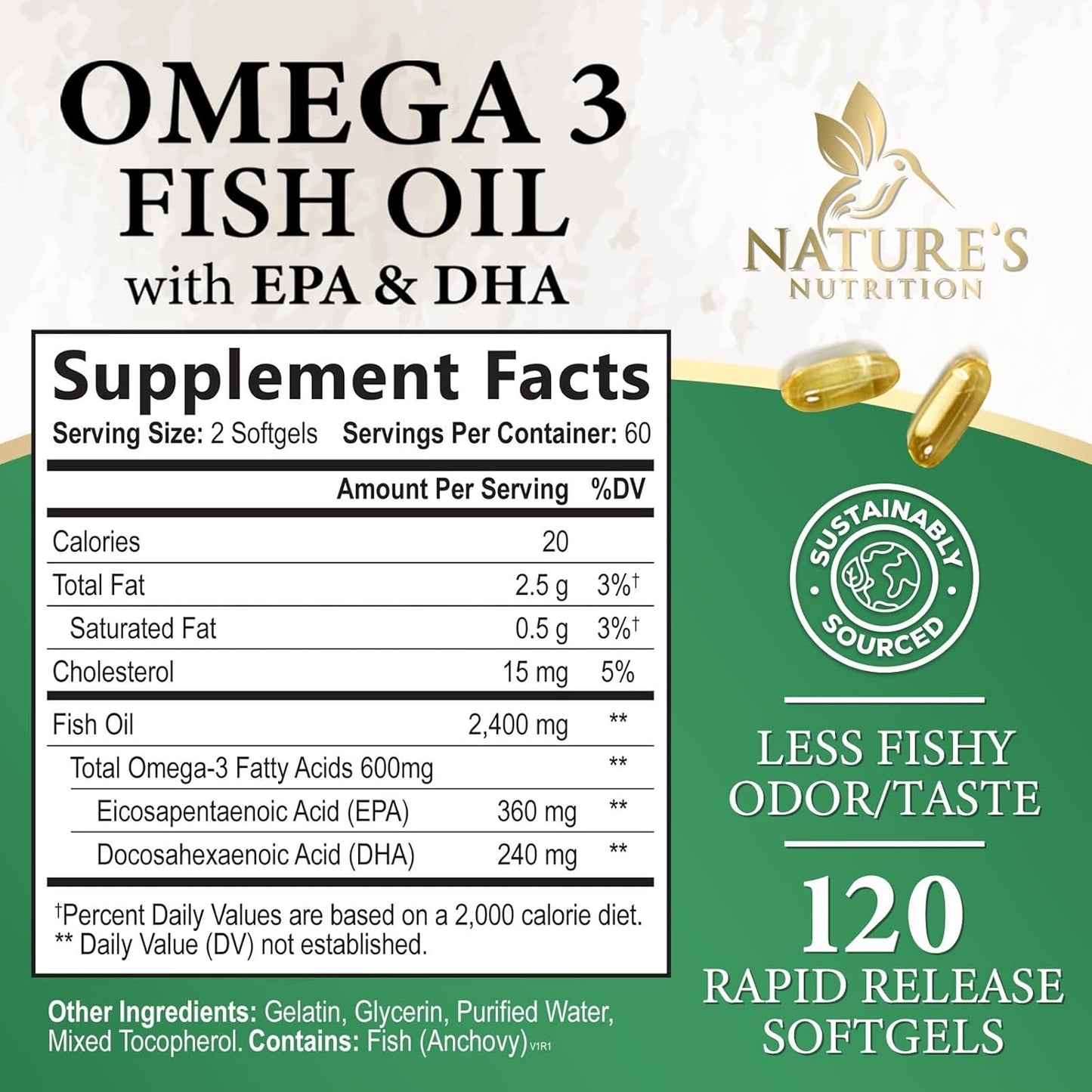 Triple Strength Omega-3 Fish Oil Supplement with EPA & DHA - 2400mg - Immune, Heart & Brain Health Support - Non-GMO - Lemon Flavor - 120 Softgels
