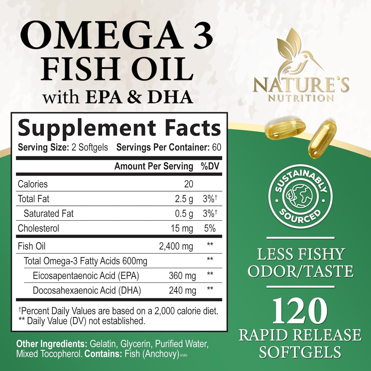 Triple Strength Omega-3 Fish Oil Supplement with EPA & DHA - 2400mg - Immune, Heart & Brain Health Support - Non-GMO - Lemon Flavor - 120 Softgels