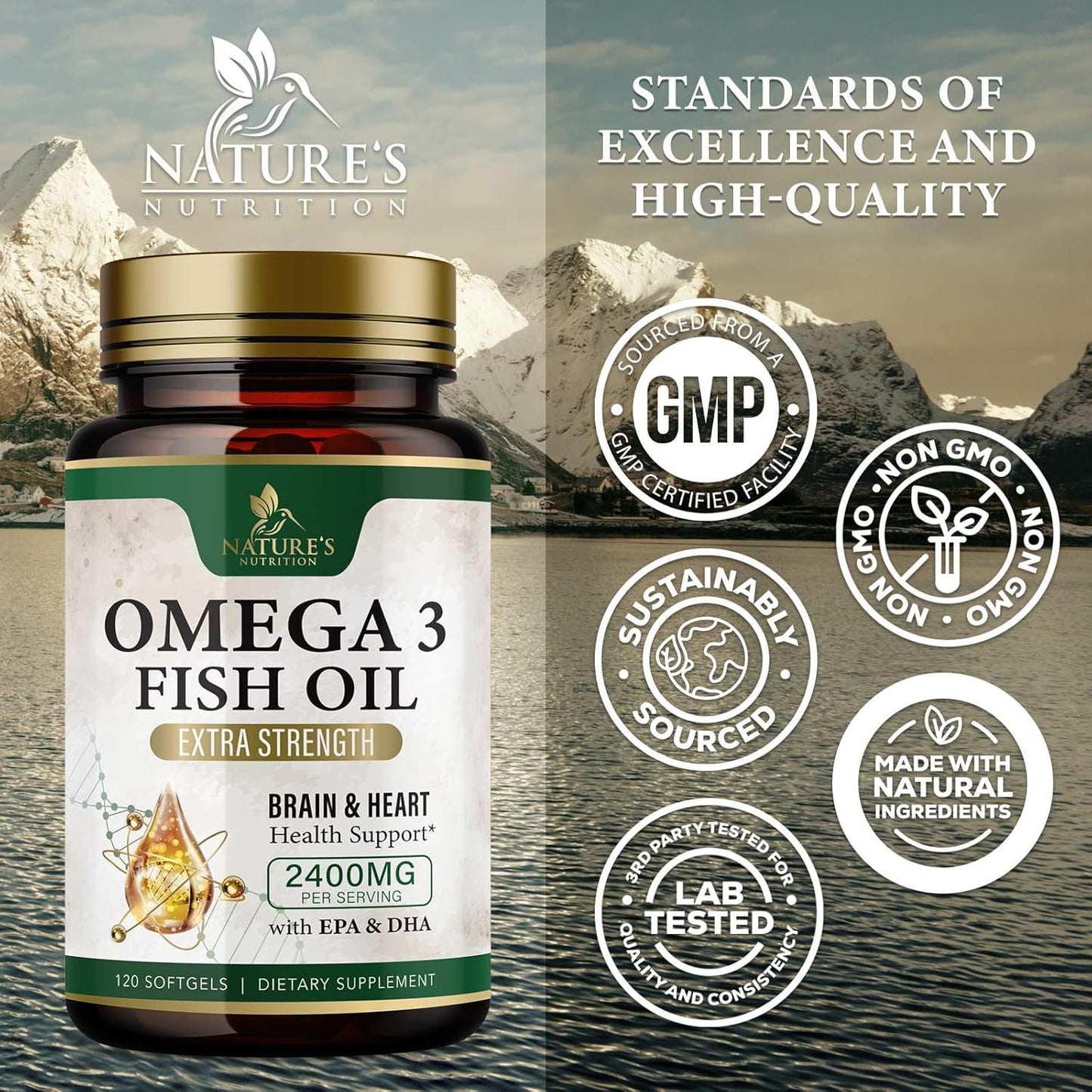 Triple Strength Omega-3 Fish Oil Supplement with EPA & DHA - 2400mg - Immune, Heart & Brain Health Support - Non-GMO - Lemon Flavor - 120 Softgels