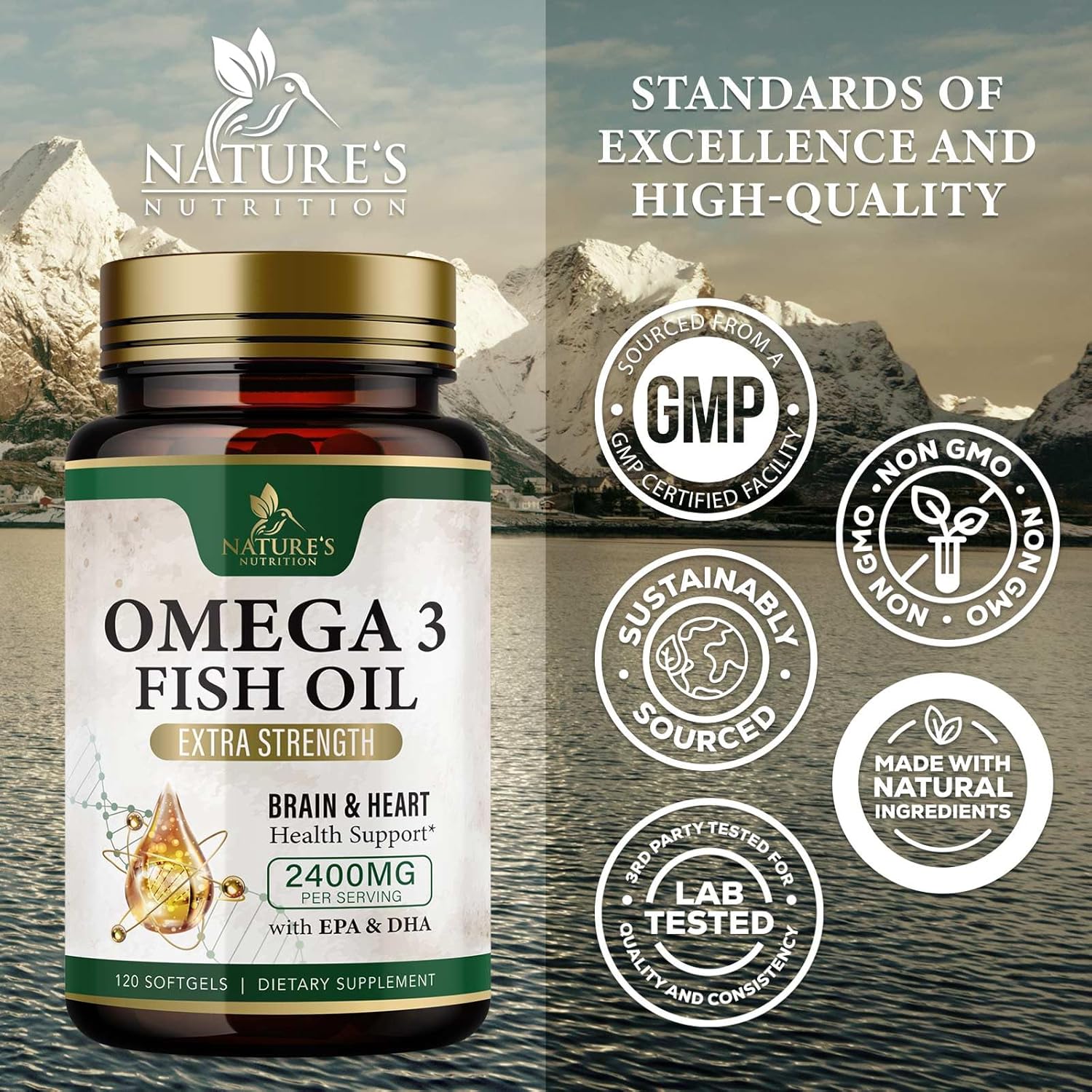 Triple Strength Omega-3 Fish Oil Supplement with EPA & DHA - 2400mg - Immune, Heart & Brain Health Support - Non-GMO - Lemon Flavor - 120 Softgels