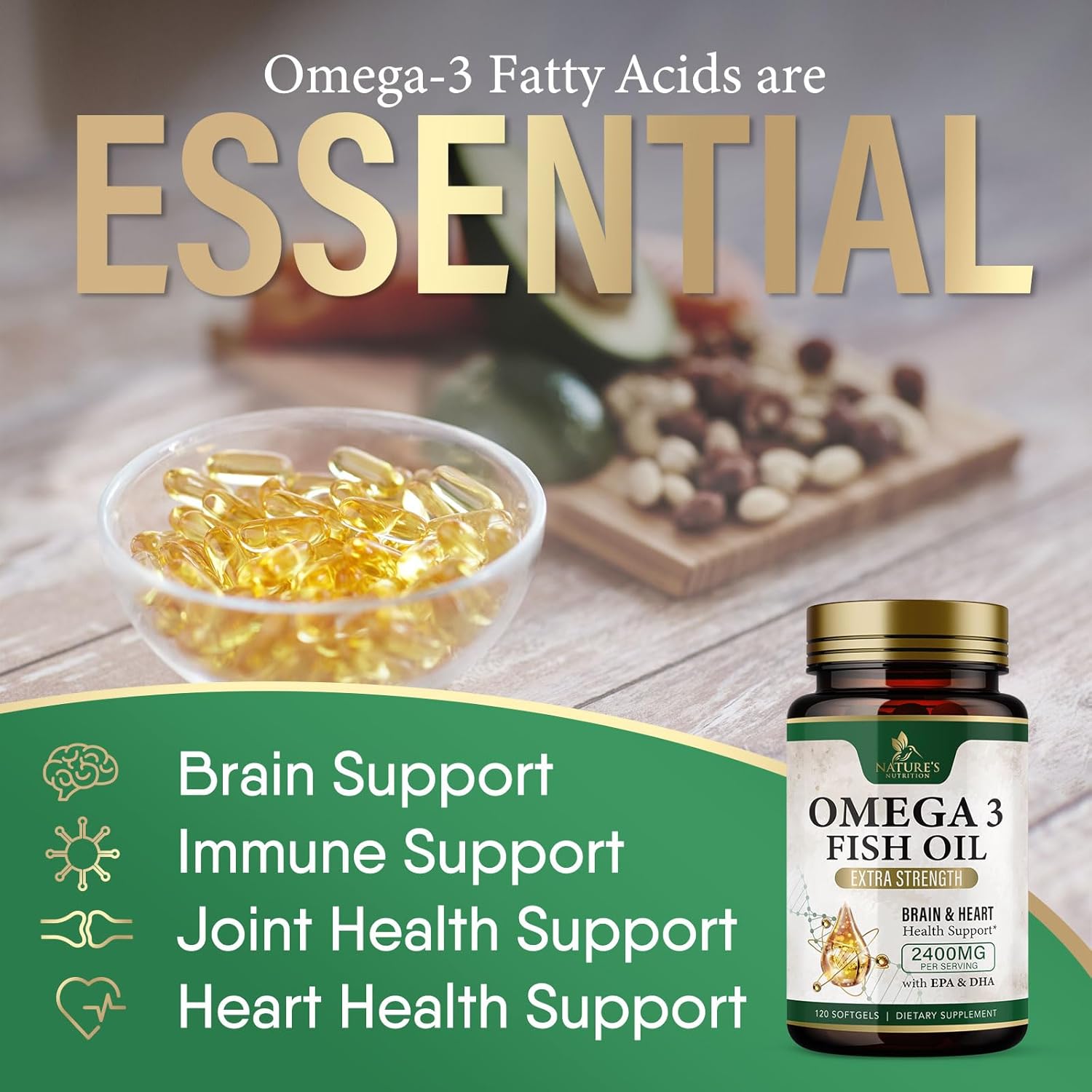 Triple Strength Omega-3 Fish Oil Supplement with EPA & DHA - 2400mg - Immune, Heart & Brain Health Support - Non-GMO - Lemon Flavor - 120 Softgels