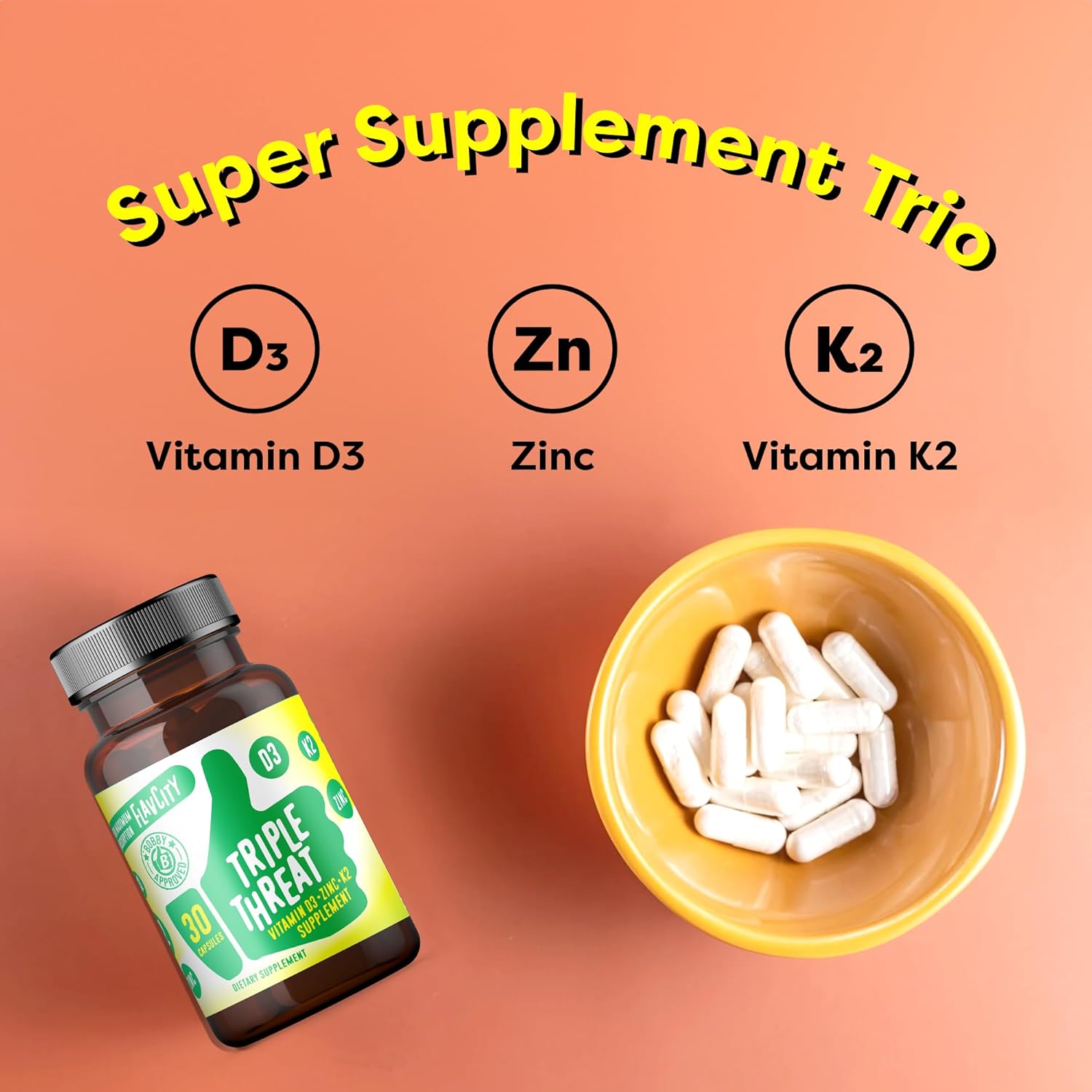 Triple Threat Vitamin D3, Zinc & K2 Supplement for Immune Support - 3-in-1 Dietary Capsules - 30 Count