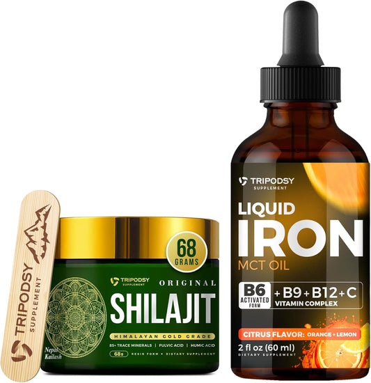 TRIPODSY Liquid Iron Supplement with Vitamins for Immune Support & Energy, Citrus Flavored - Includes Shilajit Resin