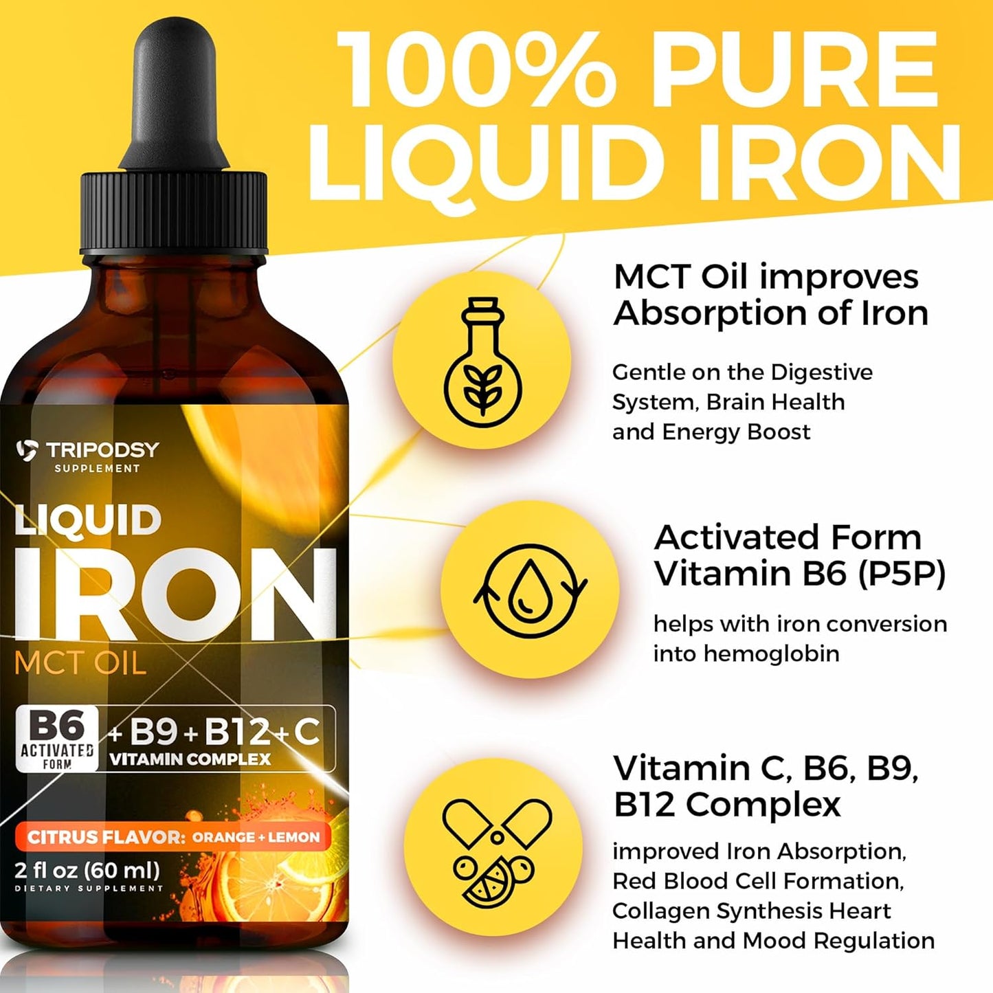 TRIPODSY Liquid Iron Supplement with Vitamins for Immune Support & Energy, Citrus Flavored - Includes Shilajit Resin