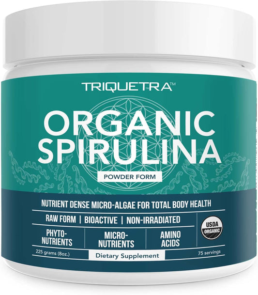 Triquetra Health Parry® Spirulina Powder - Highest Nutrient Density, Non-Irradiated, 4 Organic Certifications, Vegan Farming Process - 75 Servings (8 oz)