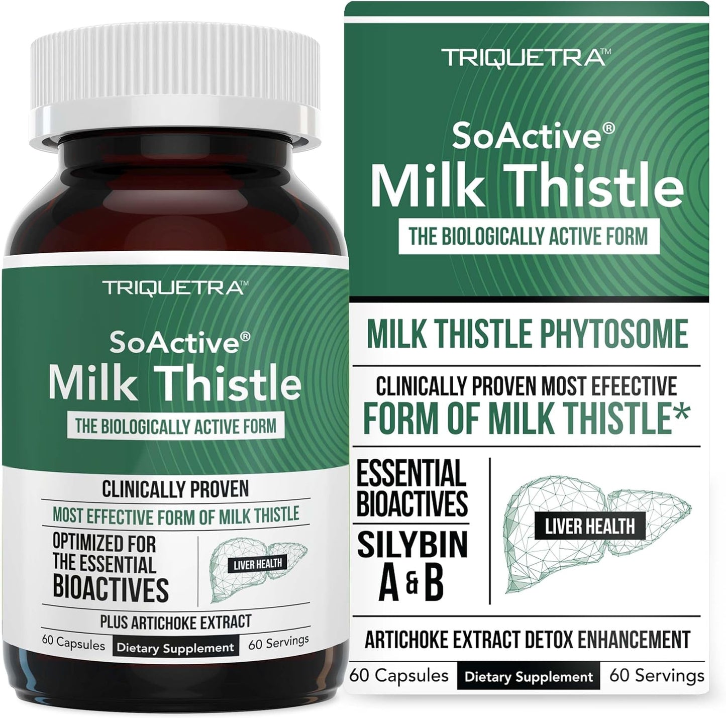 Triquetra Health SoActive® Milk Thistle: Enhanced 10X Phytosome Formula with Silybin A & B, Artichoke Extract, and Bile Enhancer | 60 Servings