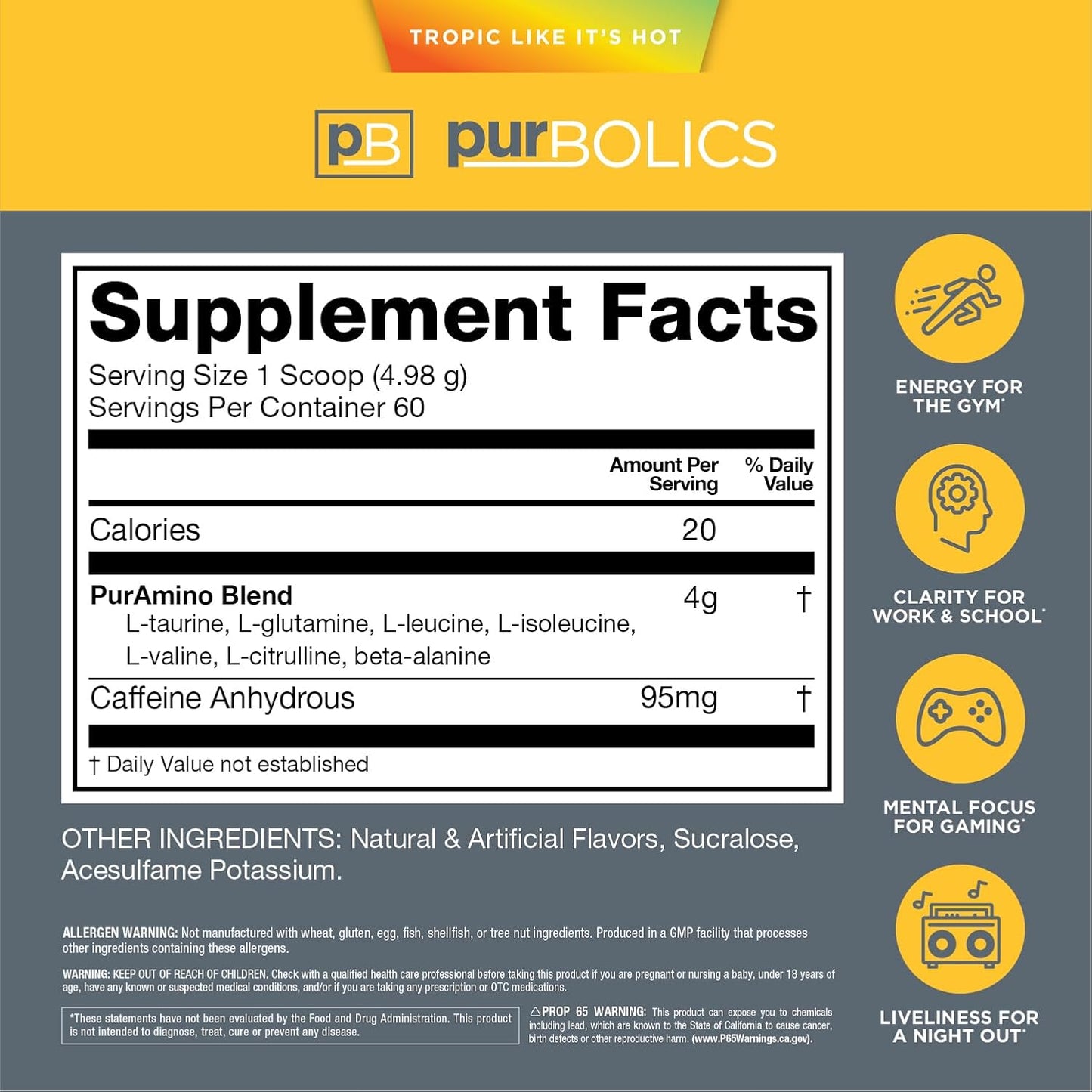Tropic Like It's Hot: Purbolics Aminos + Energy with 95mg Caffeine, 0 Sugar, 60 Servings for Recovery, Energy & Focus