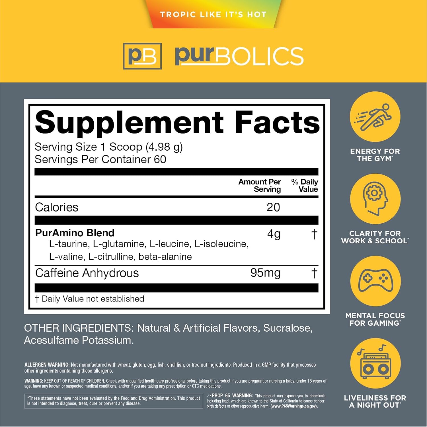 Tropic Like It's Hot: Purbolics Aminos + Energy with 95mg Caffeine, 0 Sugar, 60 Servings for Recovery, Energy & Focus