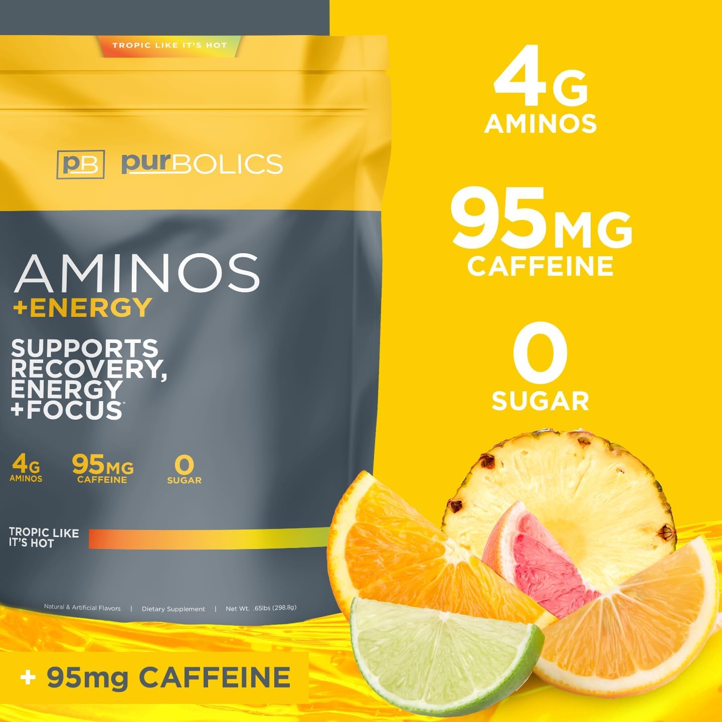 Tropic Like It's Hot: Purbolics Aminos + Energy with 95mg Caffeine, 0 Sugar, 60 Servings for Recovery, Energy & Focus