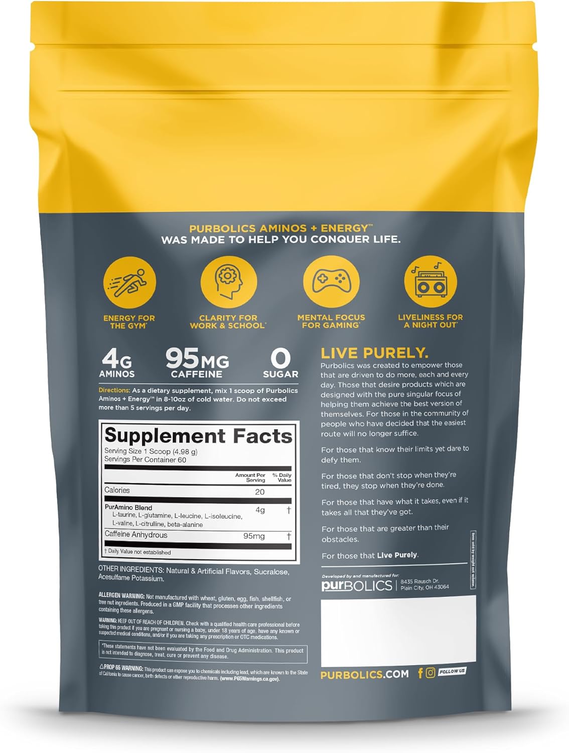 Tropic Like It's Hot: Purbolics Aminos + Energy with 95mg Caffeine, 0 Sugar, 60 Servings for Recovery, Energy & Focus
