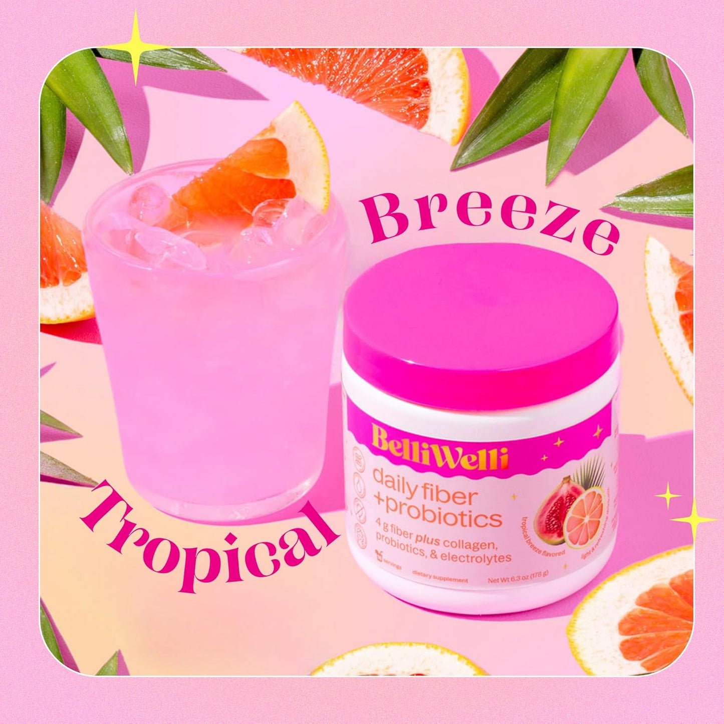 Tropical Breeze Belli Welli Fiber Supplement Powder with Collagen, Probiotics & Electrolytes - Supports Digestive Health & Gut Balance | 16 Servings