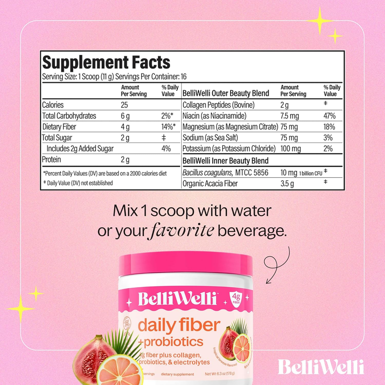 Tropical Breeze Belli Welli Fiber Supplement Powder with Collagen, Probiotics & Electrolytes - Supports Digestive Health & Gut Balance | 16 Servings