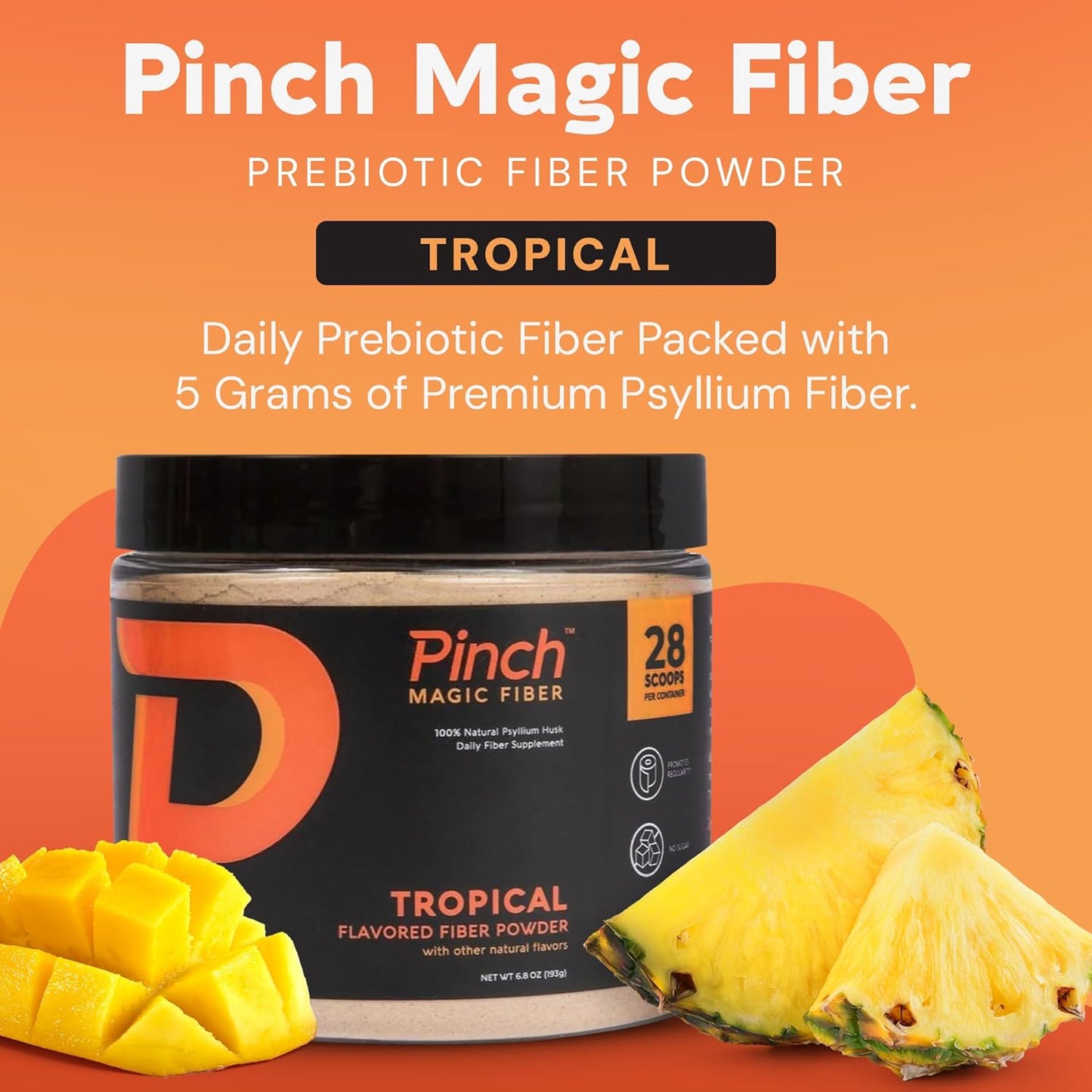 Tropical Flavored Psyllium Husk Fiber Powder for Digestive Health - Keto & Vegan Friendly - 28-Day Supply