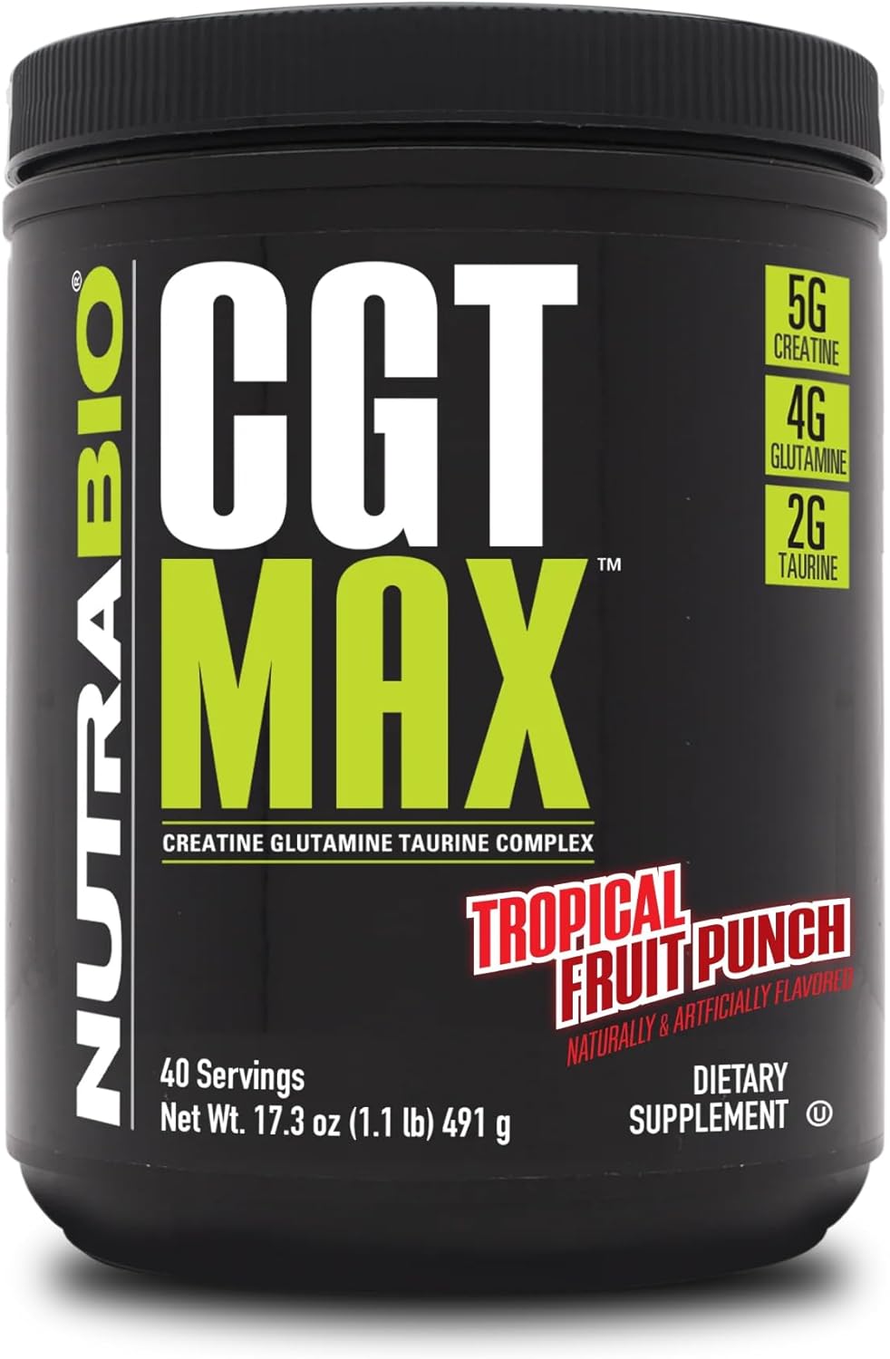 Tropical Fruit Punch CGT-MAX Powder - 40 Servings - Muscle Recovery & Strength Support with Creatine, Glutamine, and Taurine
