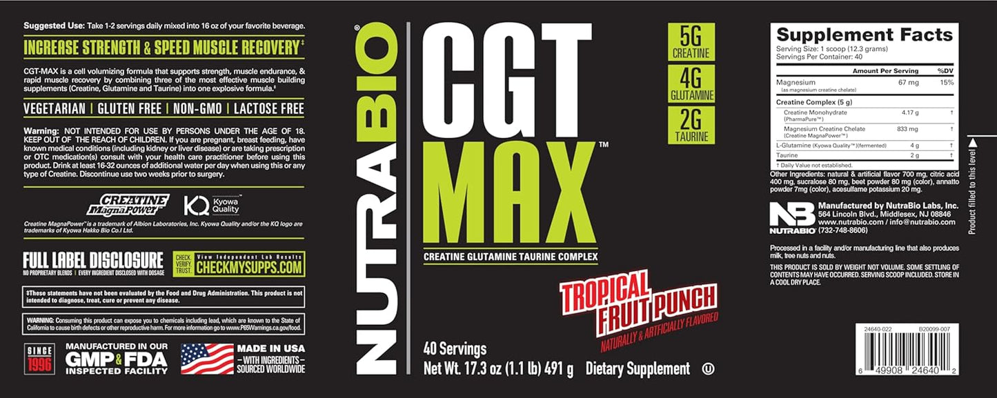 Tropical Fruit Punch CGT-MAX Powder - 40 Servings - Muscle Recovery & Strength Support with Creatine, Glutamine, and Taurine
