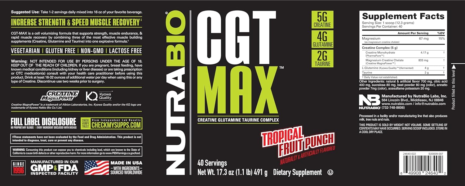 Tropical Fruit Punch CGT-MAX Powder - 40 Servings - Muscle Recovery & Strength Support with Creatine, Glutamine, and Taurine