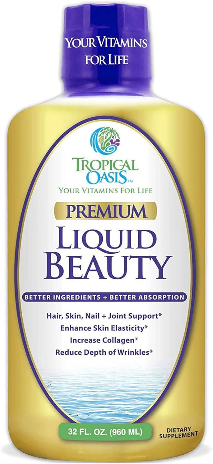 Tropical Oasis Liquid Beauty Supplement with Biotin & Collagen - Hair, Skin, Nails, Weight Control, Joint Support - 32 Servings