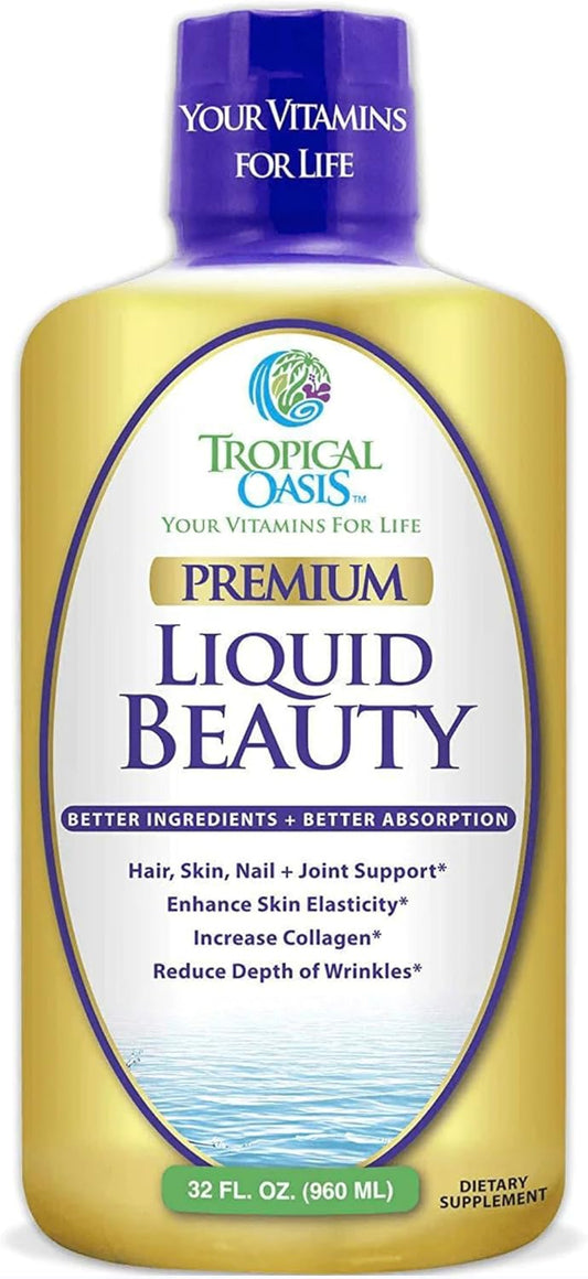 Tropical Oasis Liquid Beauty Supplement with Biotin & Collagen - Hair, Skin, Nails, Weight Control, Joint Support - 32 Servings