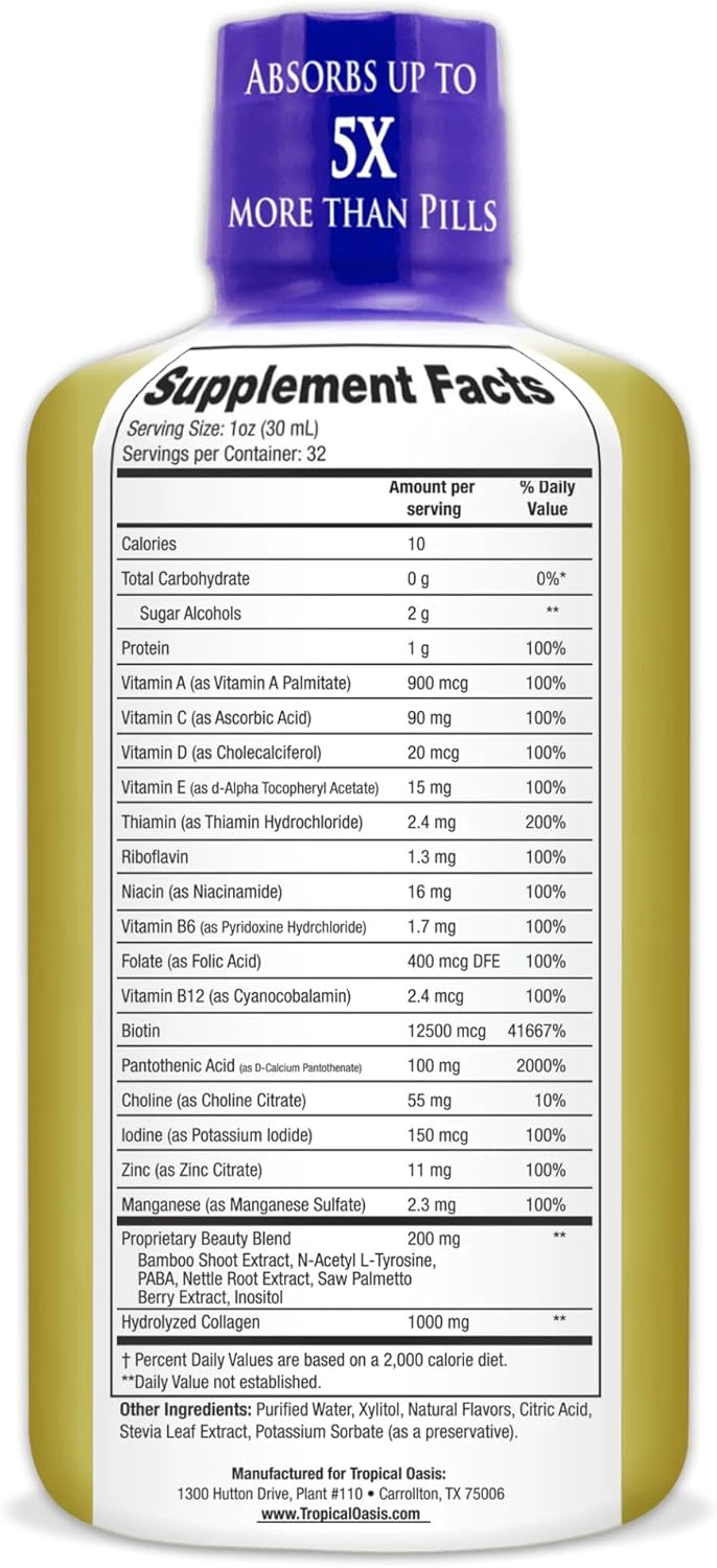 Tropical Oasis Liquid Beauty Supplement with Biotin & Collagen - Hair, Skin, Nails, Weight Control, Joint Support - 32 Servings