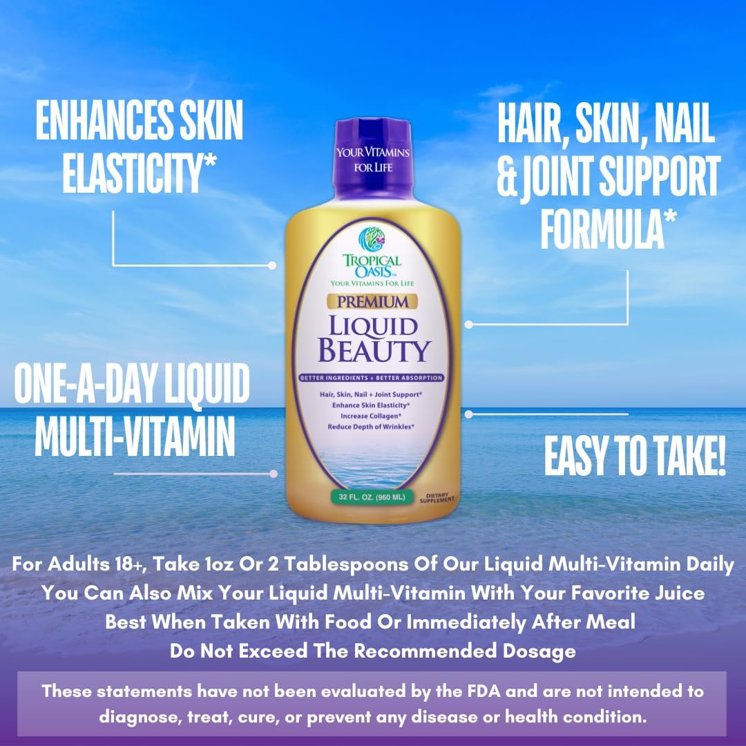 Tropical Oasis Liquid Beauty Supplement with Biotin & Collagen - Hair, Skin, Nails, Weight Control, Joint Support - 32 Servings