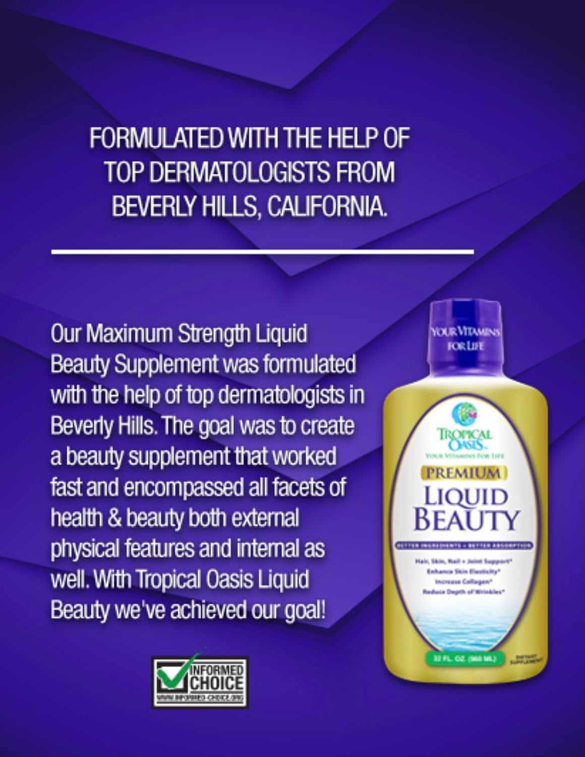 Tropical Oasis Liquid Beauty Supplement with Biotin & Collagen - Hair, Skin, Nails, Weight Control, Joint Support - 32 Servings