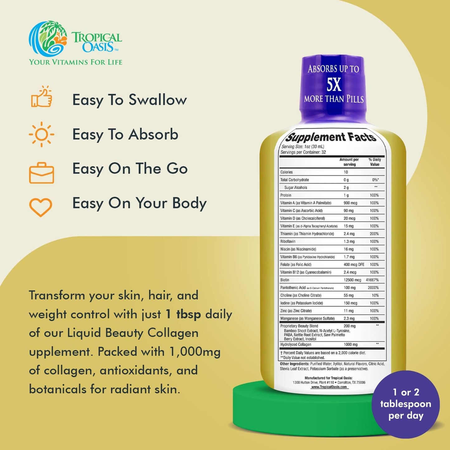 Tropical Oasis Liquid Beauty Supplement with Biotin & Collagen - Hair, Skin, Nails, Weight Control, Joint Support - 32 Servings