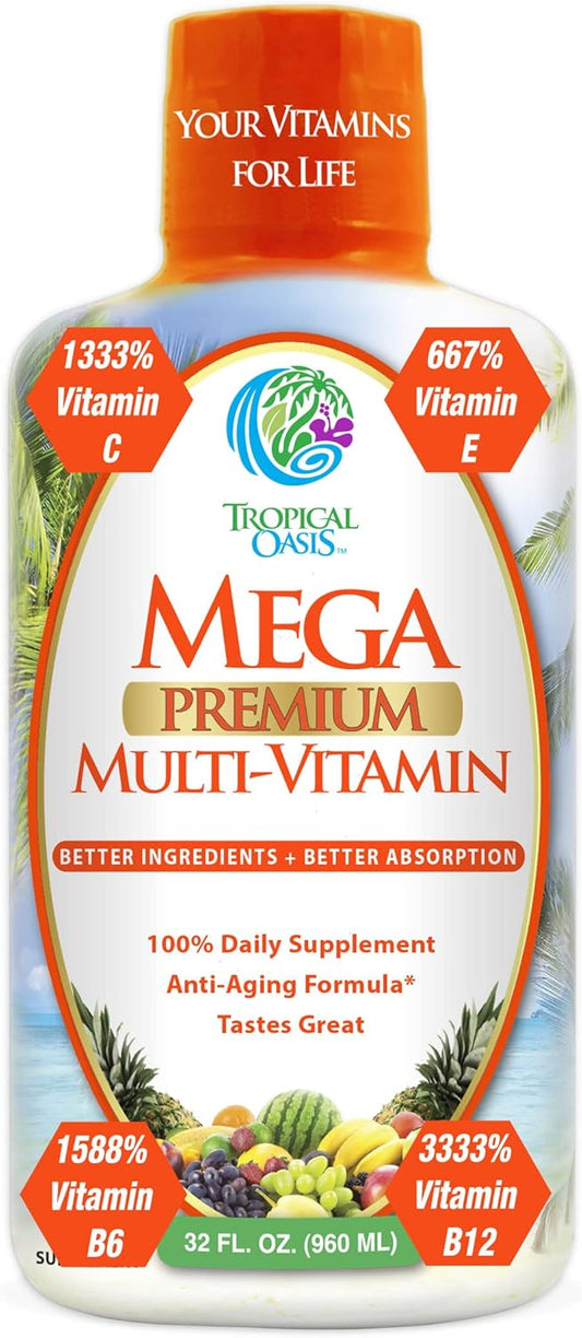Tropical Oasis Liquid Multivitamin with High Vitamin C and D3, Zinc, 20 Vitamins, 70 Minerals, and 21 Amino Acids for Immune Support | Orange Flavor | Sugar Free | 98% Absorption | 32 Servings