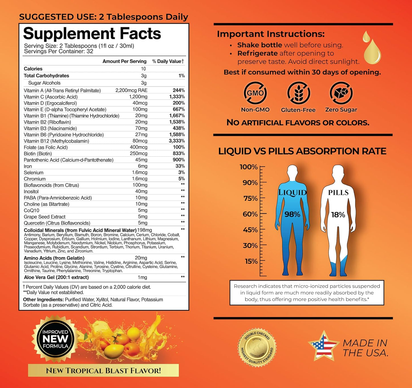 Tropical Oasis Liquid Multivitamin with High Vitamin C and D3, Zinc, 20 Vitamins, 70 Minerals, and 21 Amino Acids for Immune Support | Orange Flavor | Sugar Free | 98% Absorption | 32 Servings