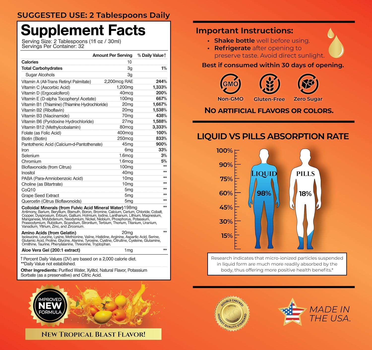 Tropical Oasis Liquid Multivitamin with High Vitamin C and D3, Zinc, 20 Vitamins, 70 Minerals, and 21 Amino Acids for Immune Support | Orange Flavor | Sugar Free | 98% Absorption | 32 Servings