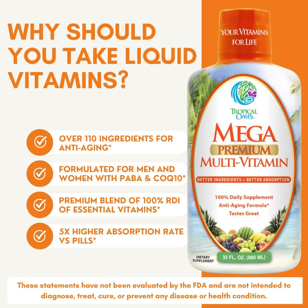 Tropical Oasis Liquid Multivitamin with High Vitamin C and D3, Zinc, 20 Vitamins, 70 Minerals, and 21 Amino Acids for Immune Support | Orange Flavor | Sugar Free | 98% Absorption | 32 Servings