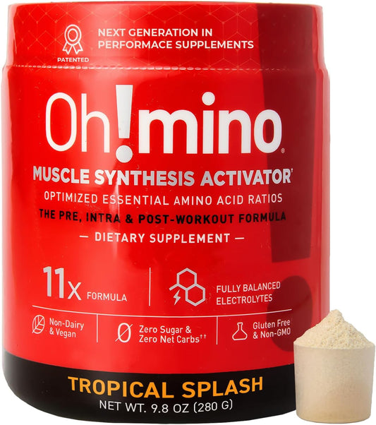 Tropical Splash Oh!mino Amino Acids Powder Supplement for Pre & Post Workout Recovery - Vegan, Caffeinated, Zero Sugar - 280g, 40 Servings