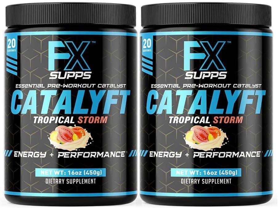 Tropical Storm Pre-Workout Powder Drink for Energy, Focus & Muscle Gain - 2 Pack of FXSUPPS Catalyft Supplement Mix with Creatine, Caffeine & Beta-Alanine, 40 Servings