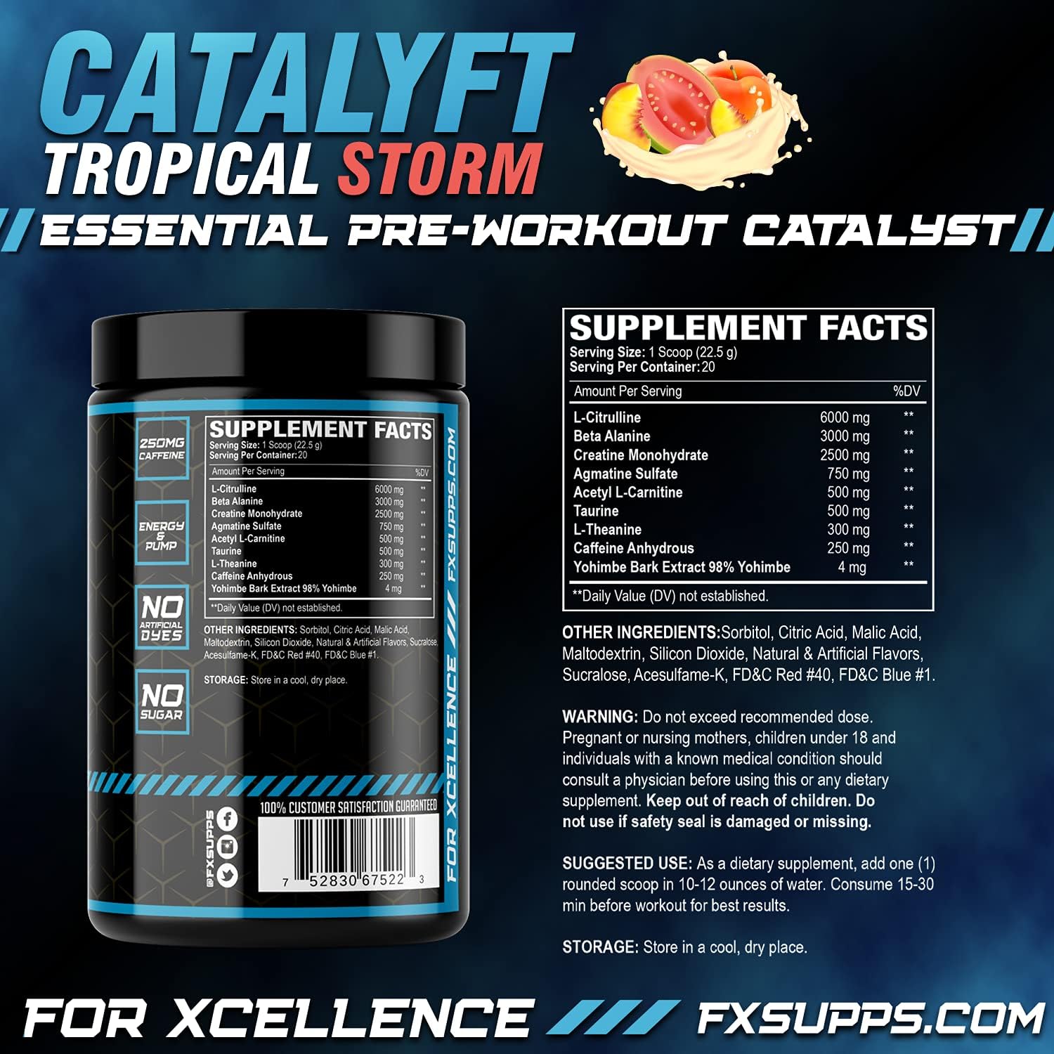 Tropical Storm Pre-Workout Powder Drink for Energy, Focus & Muscle Gain - 2 Pack of FXSUPPS Catalyft Supplement Mix with Creatine, Caffeine & Beta-Alanine, 40 Servings