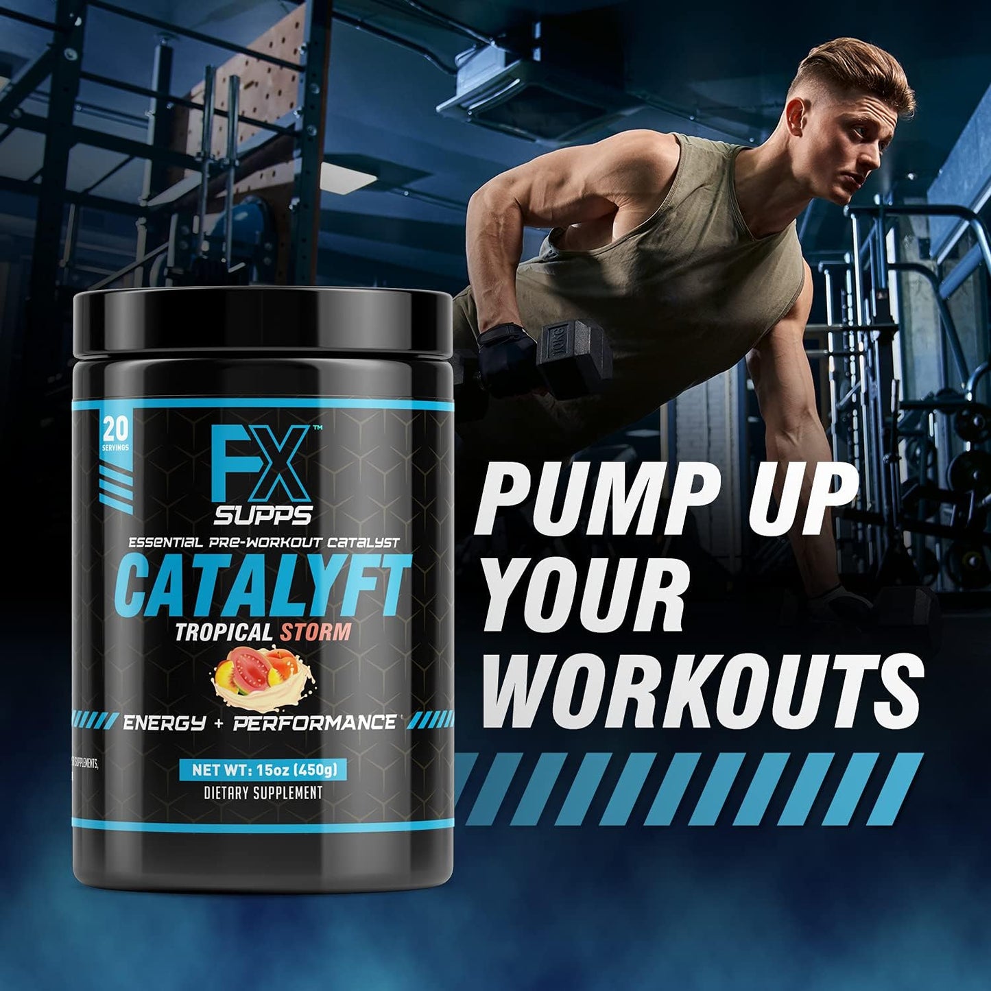 Tropical Storm Pre-Workout Powder Drink for Energy, Focus & Muscle Gain - 2 Pack of FXSUPPS Catalyft Supplement Mix with Creatine, Caffeine & Beta-Alanine, 40 Servings
