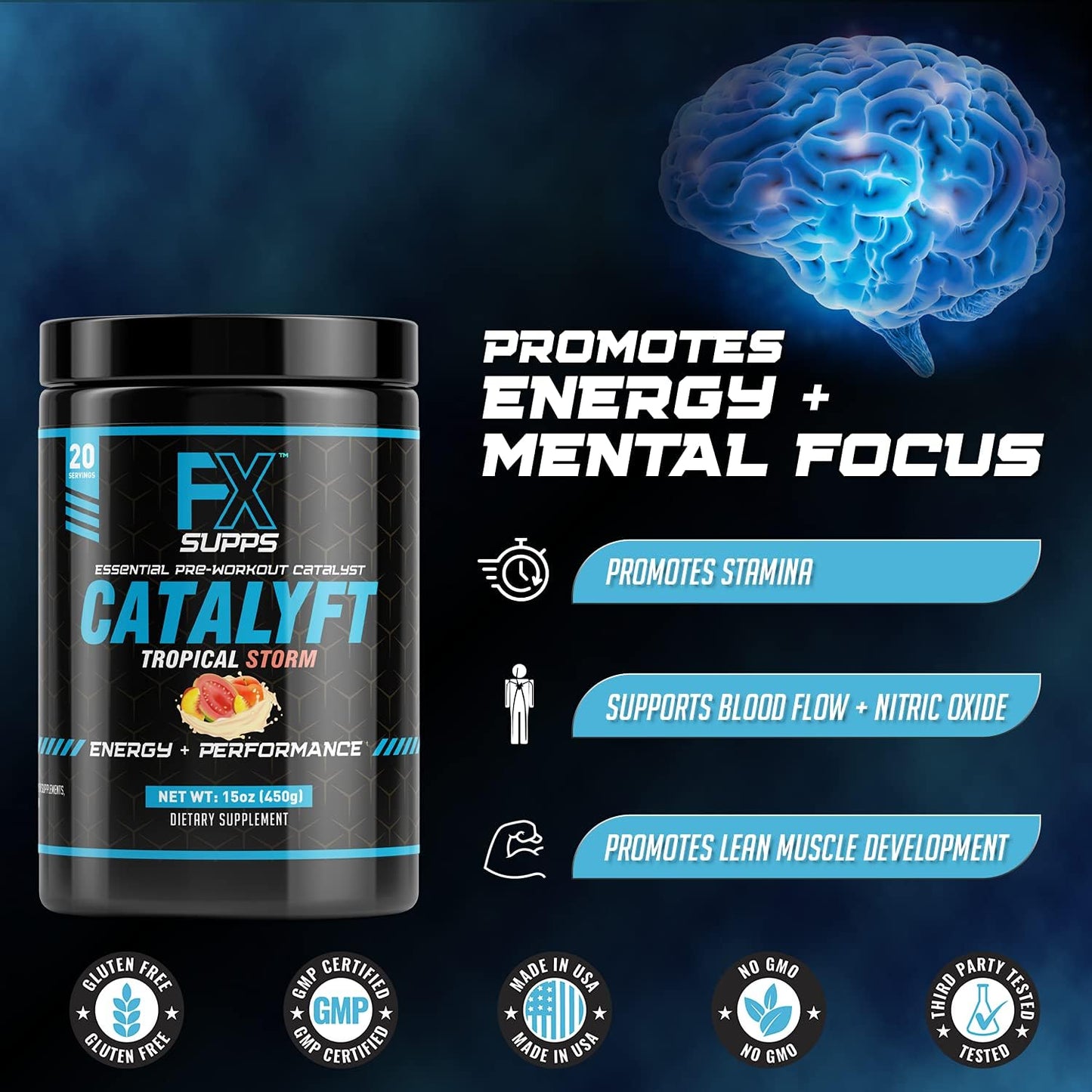Tropical Storm Pre-Workout Powder Drink for Energy, Focus & Muscle Gain - 2 Pack of FXSUPPS Catalyft Supplement Mix with Creatine, Caffeine & Beta-Alanine, 40 Servings