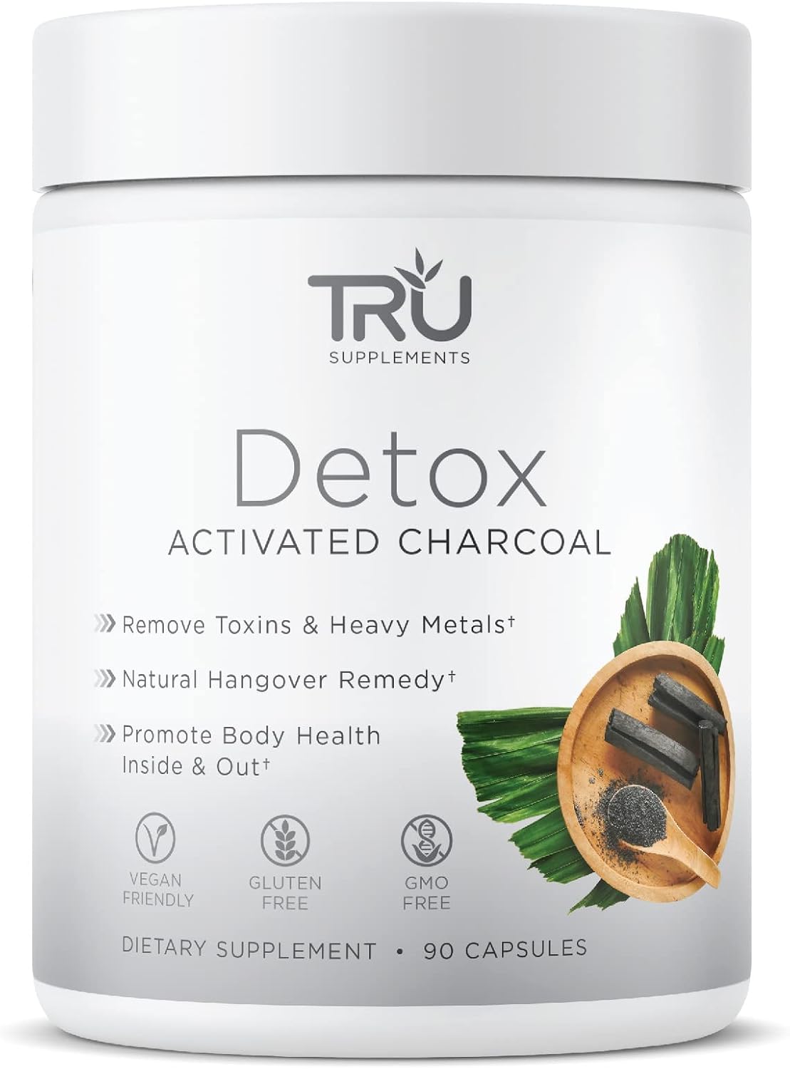 TRU Detox Activated Charcoal Supplement - Vegan Friendly, Whole Body Natural Detox, Reduce Bloating, Enhance Skin Health - 60 Servings