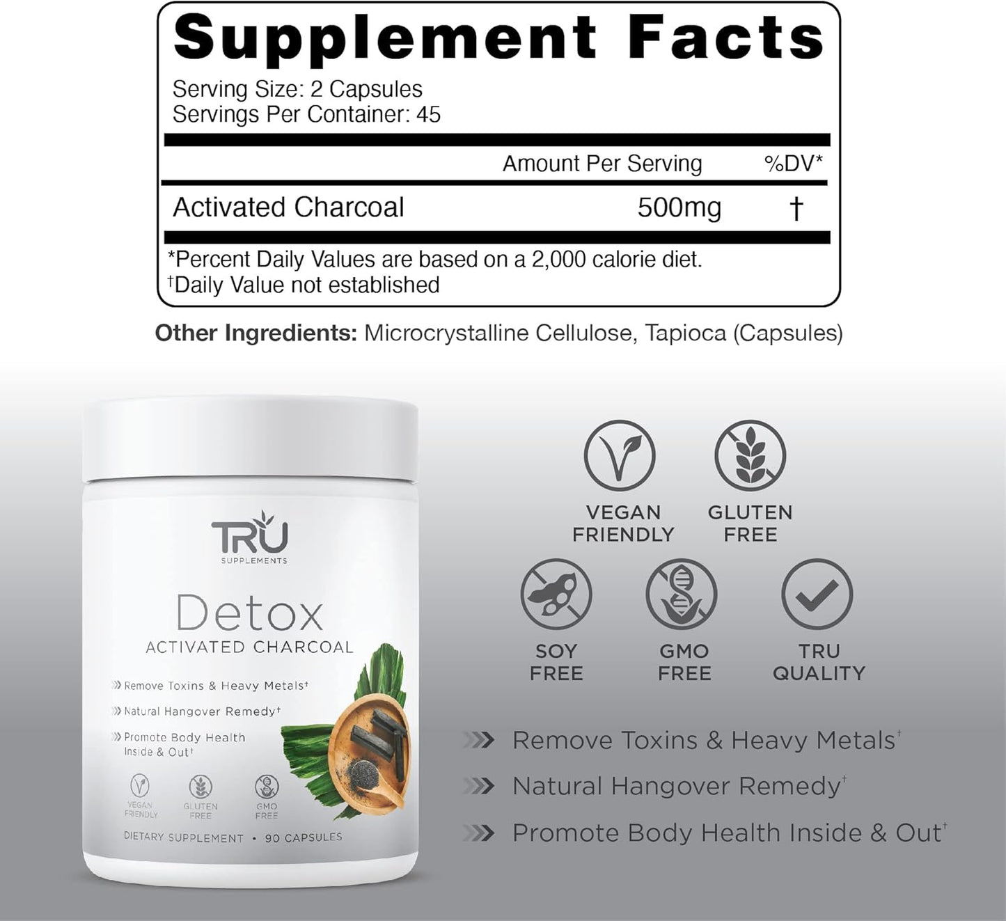 TRU Detox Activated Charcoal Supplement - Vegan Friendly, Whole Body Natural Detox, Reduce Bloating, Enhance Skin Health - 60 Servings