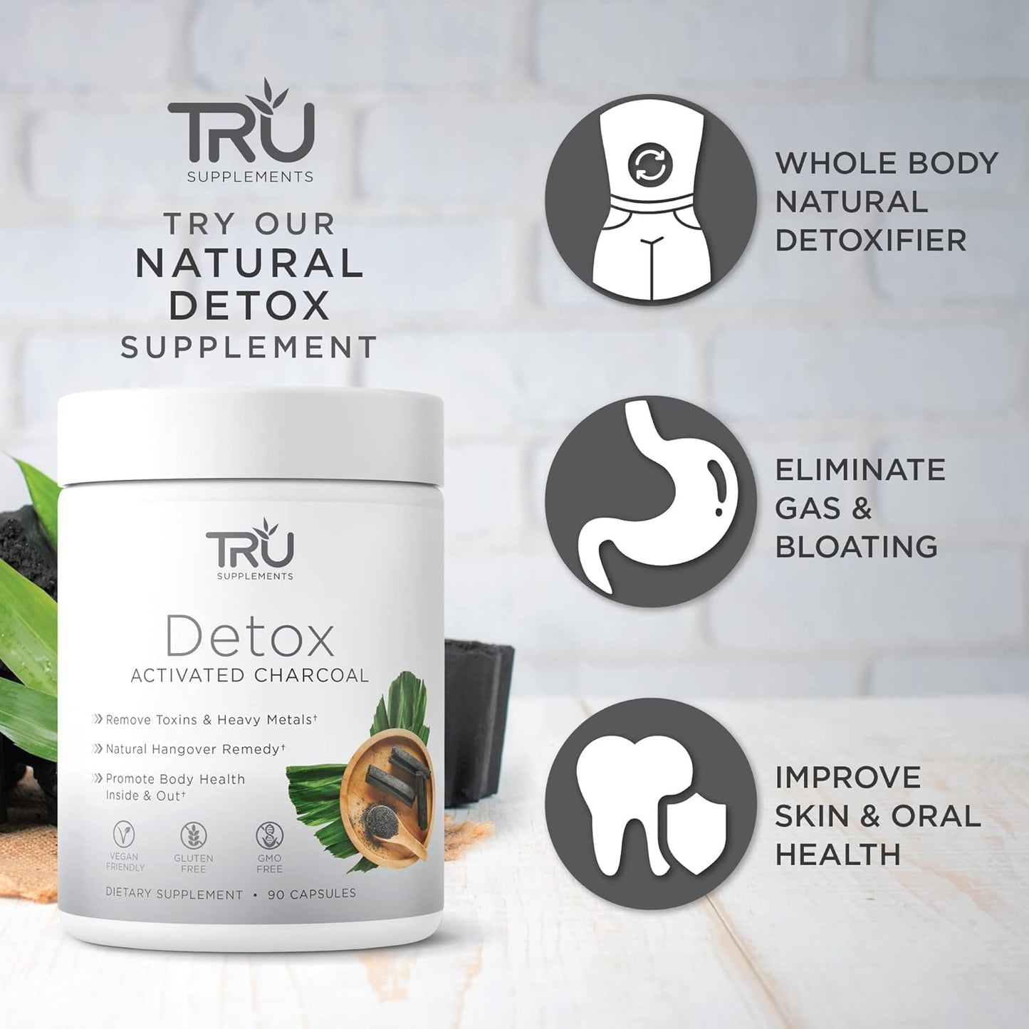 TRU Detox Activated Charcoal Supplement - Vegan Friendly, Whole Body Natural Detox, Reduce Bloating, Enhance Skin Health - 60 Servings