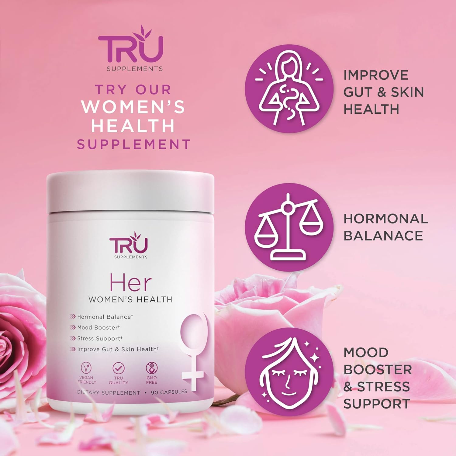 TRU HER Women's Supplement: Digestion, Hormonal Balance, Fertility, Gut & Skin Health, Mood Boost - 120 Capsules