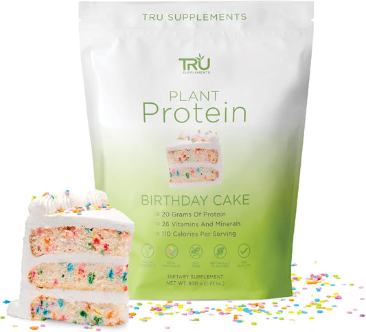 TRU Plant Based Protein Powder with BCAA, EAA, 20g Vegan Protein, 27 Vitamins - Birthday Cake Flavor - 25 Servings