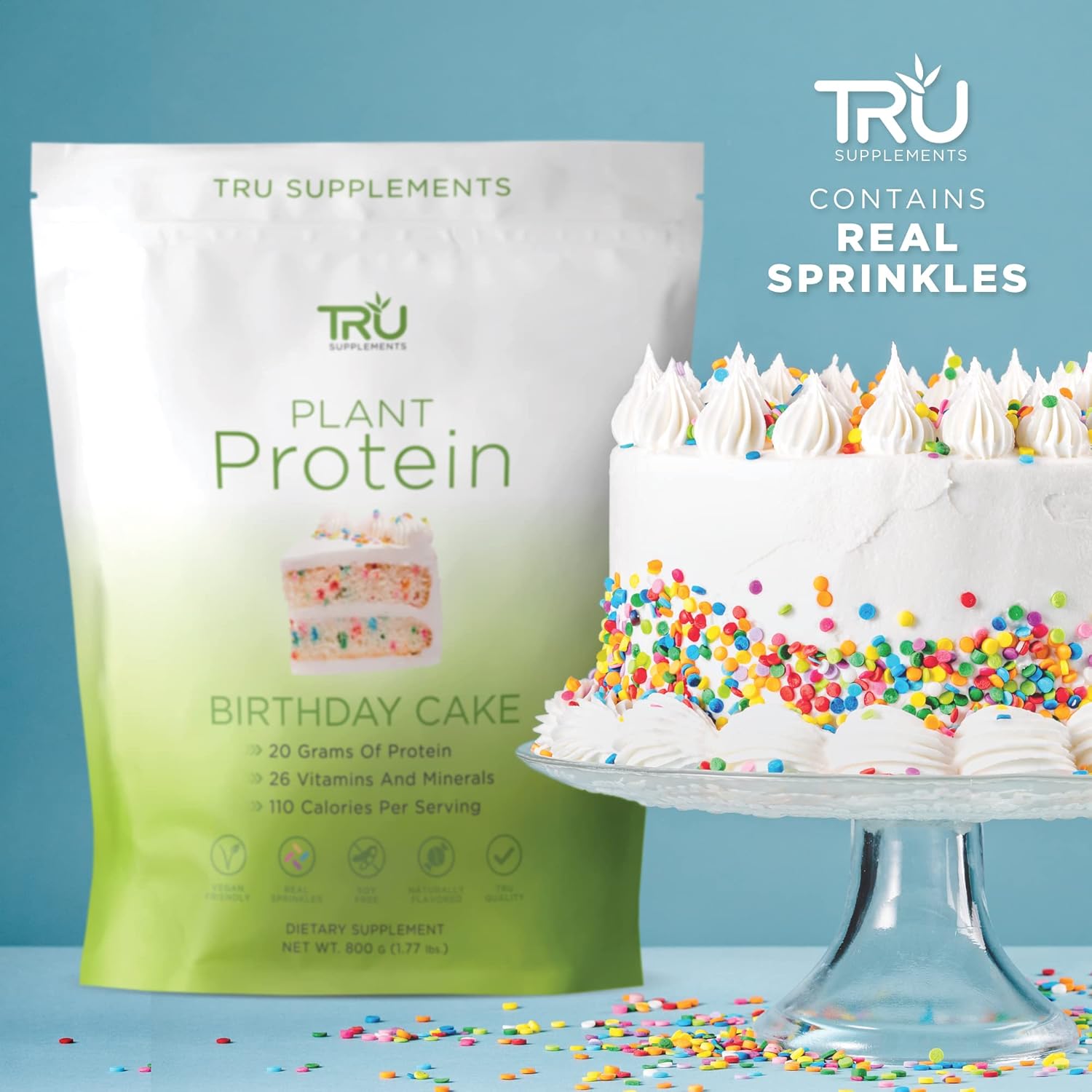 TRU Plant Based Protein Powder with BCAA, EAA, 20g Vegan Protein, 27 Vitamins - Birthday Cake Flavor - 25 Servings