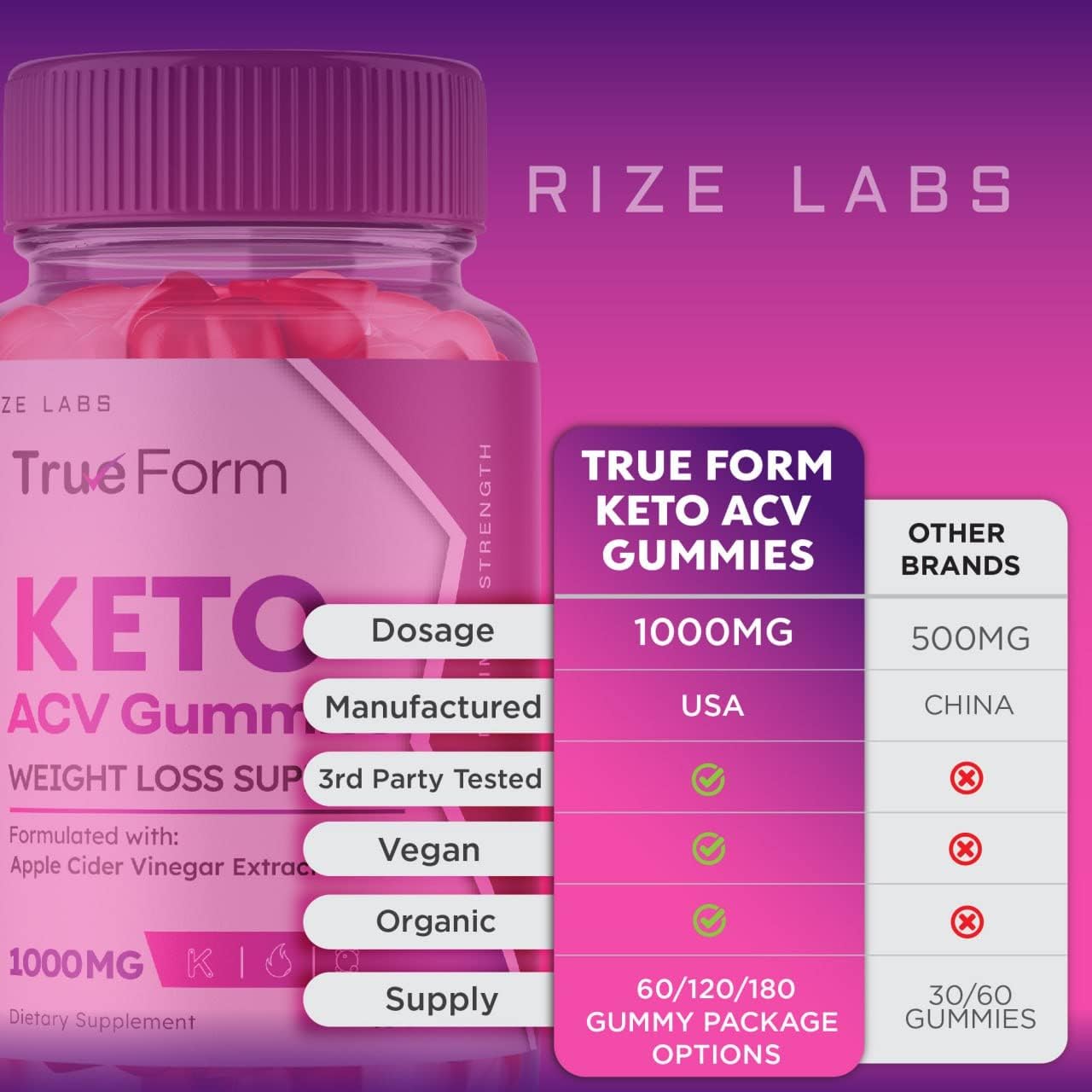 True Form Keto ACV Gummies for Slimming Formula Support - Apple Cider Vinegar Extract Supplement for Energy - 60 Gummies