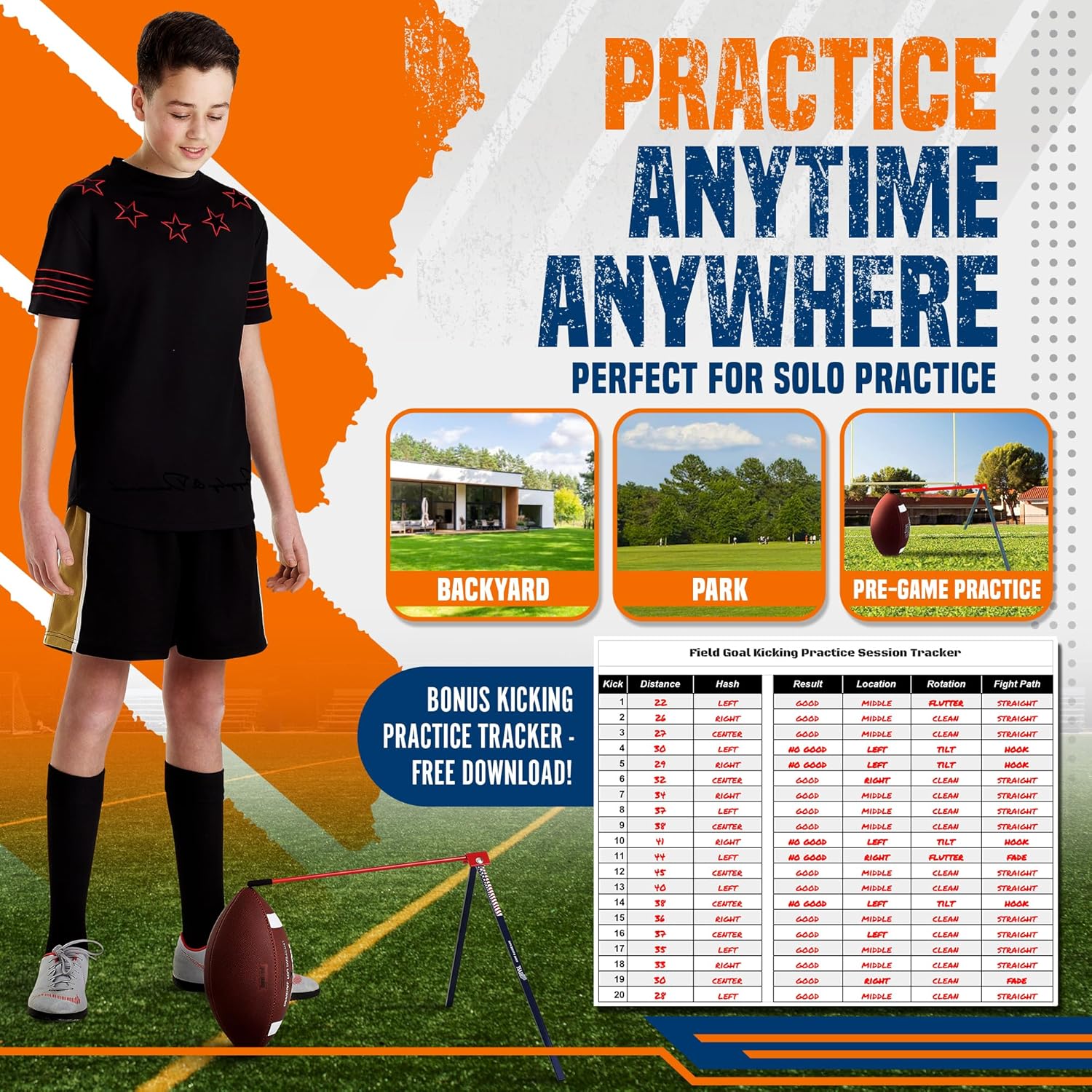 True Strike Pro Football Kicking Tee with Bonus Goal Kicking Tracker - Compatible with All Ball Sizes, Field Goal Football Holder Included