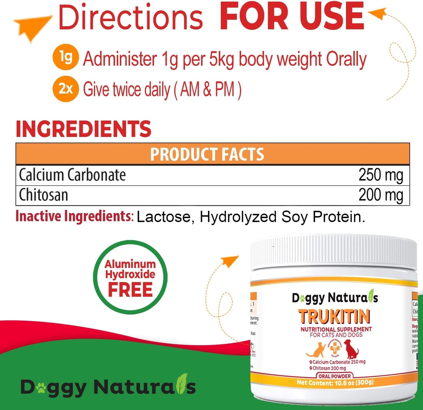 Trukitin Chitosan Phosphate Binder for Cats & Dogs - Natural Renal Support Supplement with Calcium Carbonate Powder - Made in USA