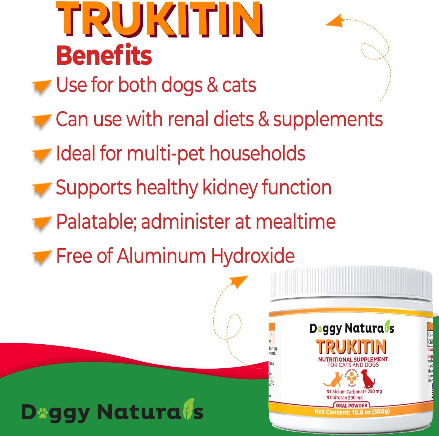 Trukitin Chitosan Phosphate Binder for Cats & Dogs - Natural Renal Support Supplement with Calcium Carbonate Powder - Made in USA